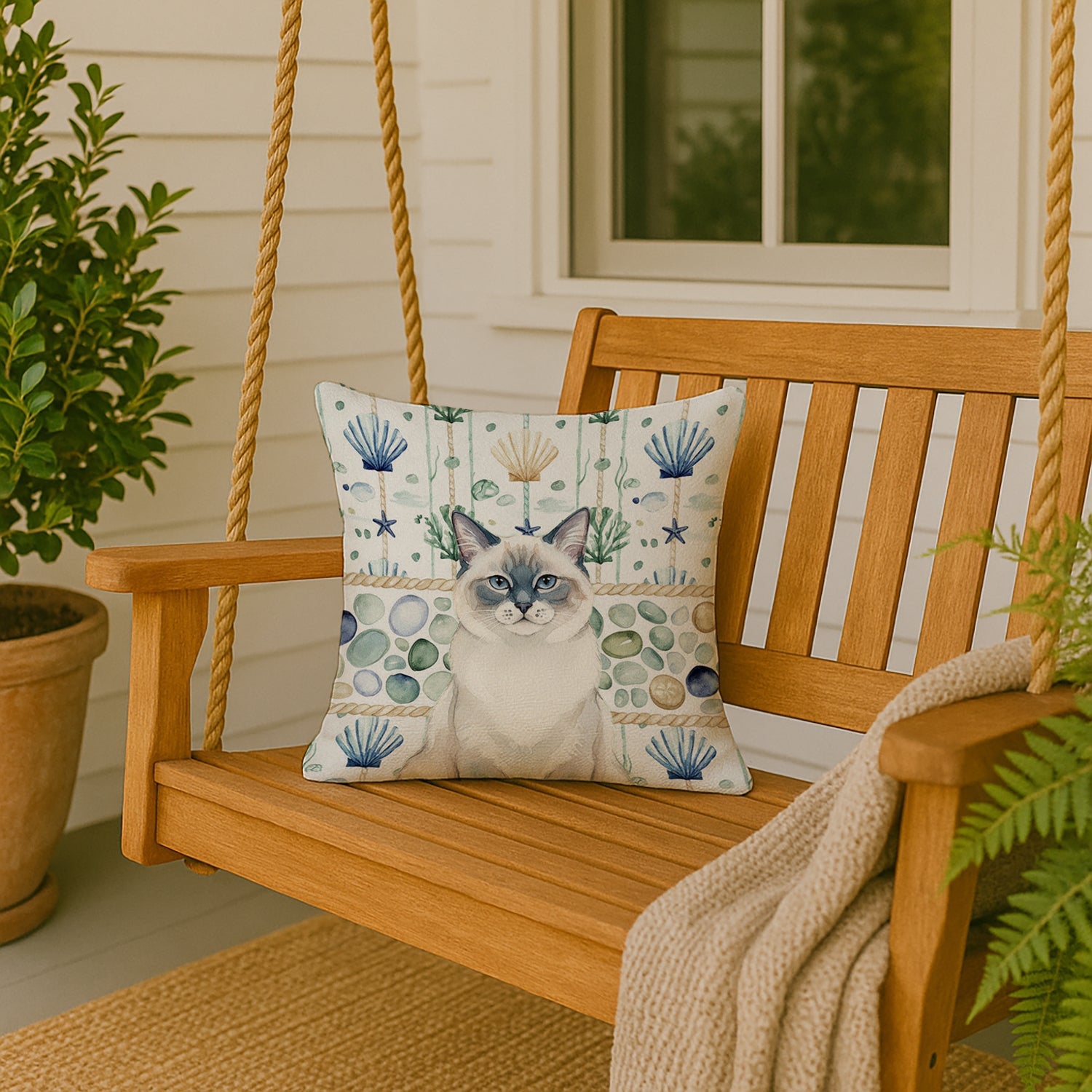 Ragdoll Blue Point Cat Coastal Sea Glass Decorative Throw Pillow 18x18 Indoor Outdoor Accent Cushion, Fabric Cover with Insert for Sofa, Bed, Porch & Living Room