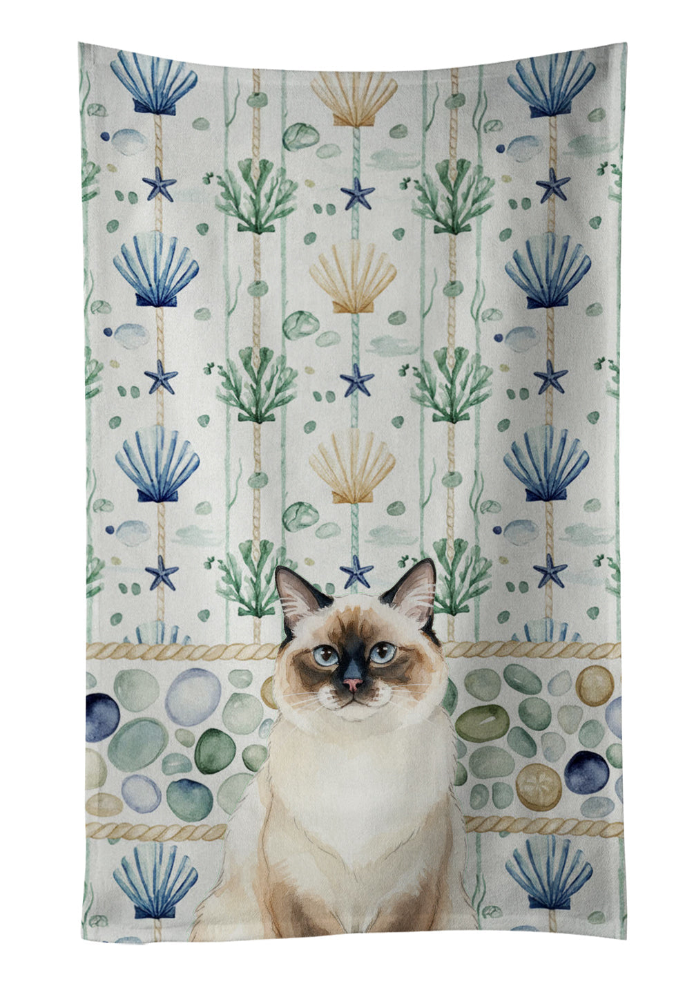 Ragdoll Seal Point Cat Coastal Sea Glass Kitchen Towel Velour Plush Front and Cotton Loop Back Machine Washable