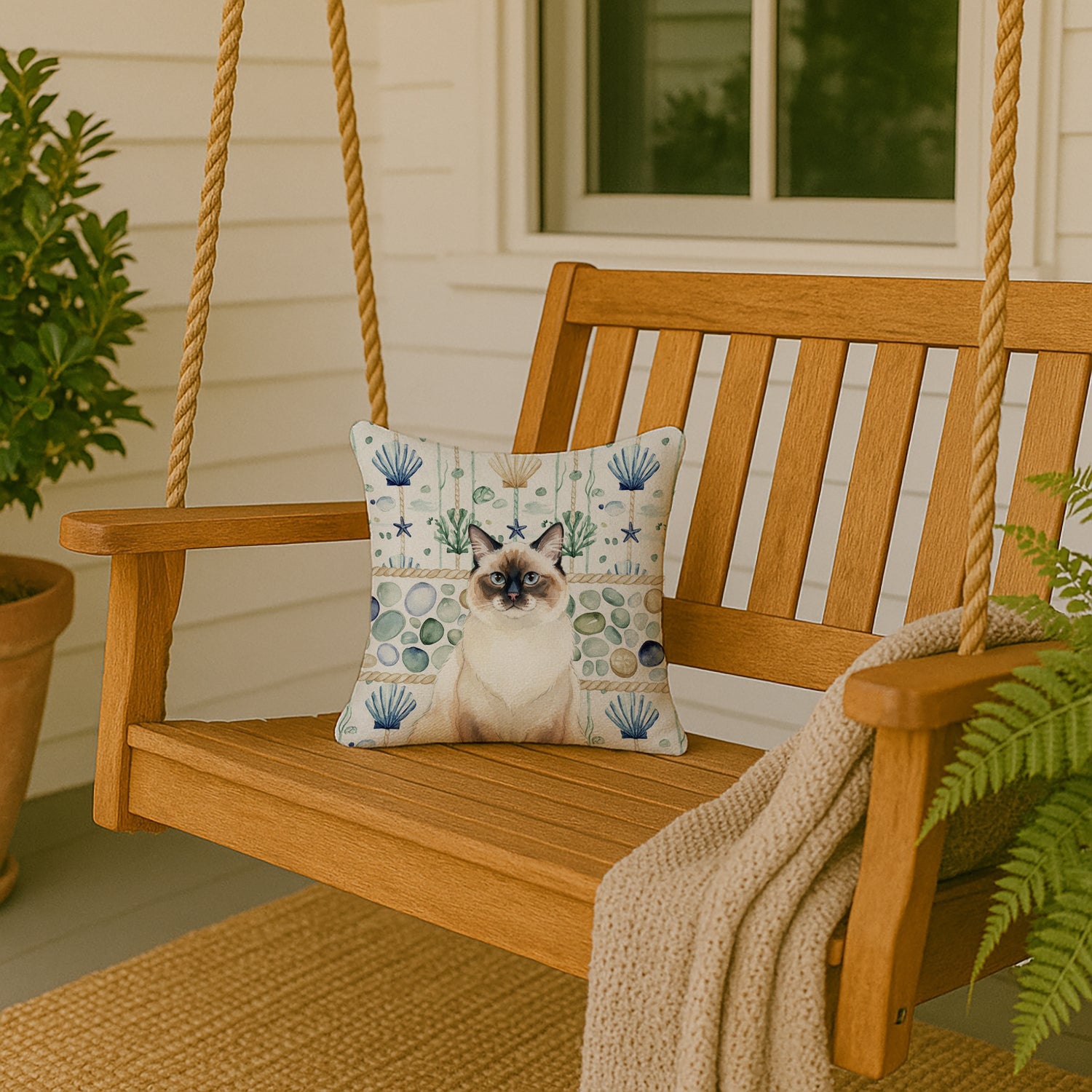 Ragdoll Seal Point Cat Coastal Sea Glass Decorative Throw Pillow 14x14 Indoor Outdoor Accent Cushion, Fabric Cover with Insert for Sofa, Bed, Porch & Living Room