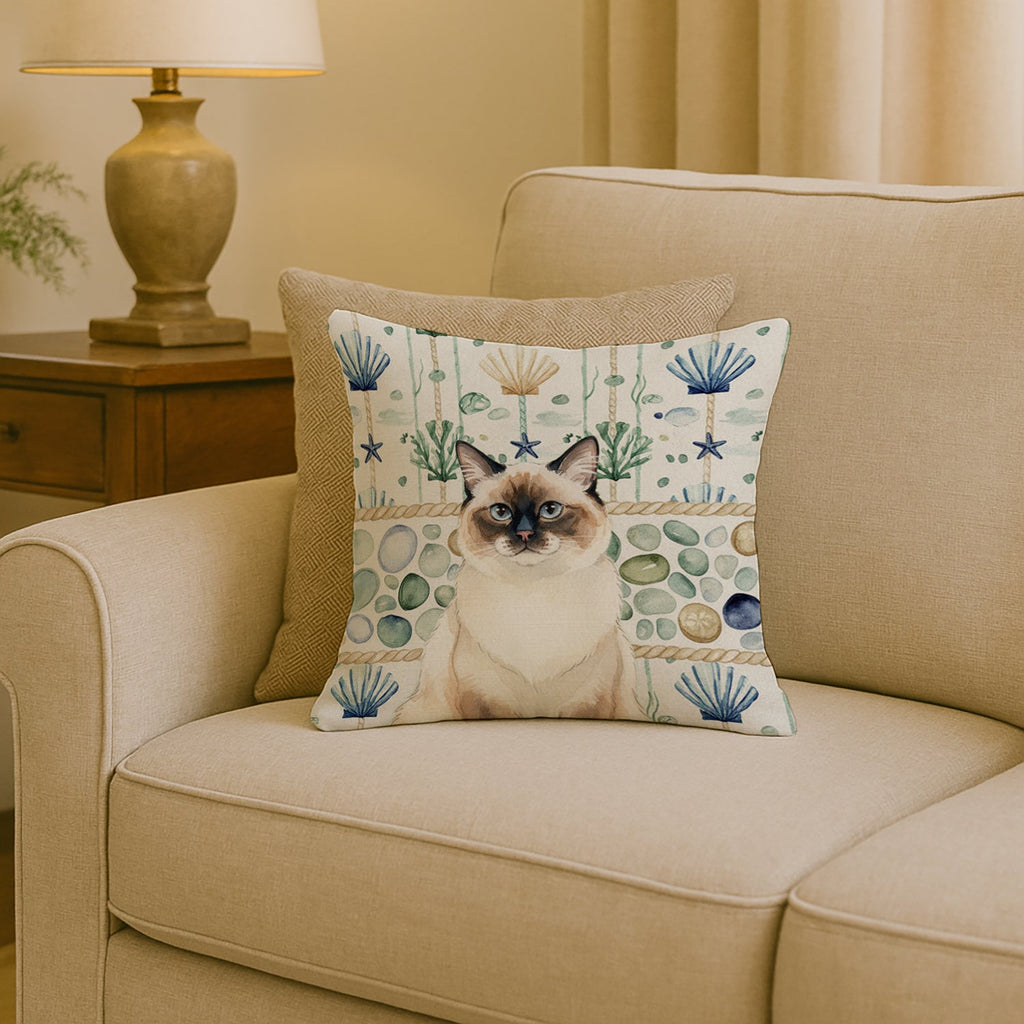 Ragdoll Seal Point Cat Coastal Sea Glass Decorative Throw Pillow 18x18 Indoor Outdoor Accent Cushion, Fabric Cover with Insert for Sofa, Bed, Porch & Living Room