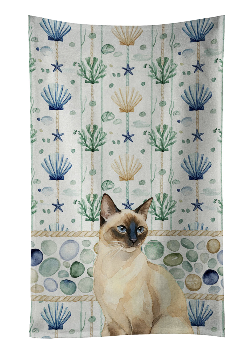 Seal Point Cat Coastal Sea Glass Kitchen Towel Velour Plush Front and Cotton Loop Back Machine Washable