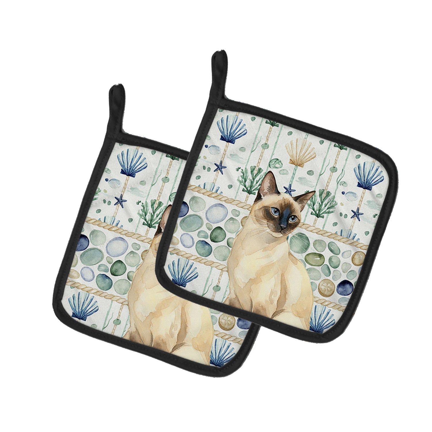 Seal Point Cat Coastal Sea Glass Pot Holder Set of 2 Heat Resistant Quilted Hot Pads 7.5 x 7.5 Inch, Insulated Kitchen Trivets for Cooking & Baking