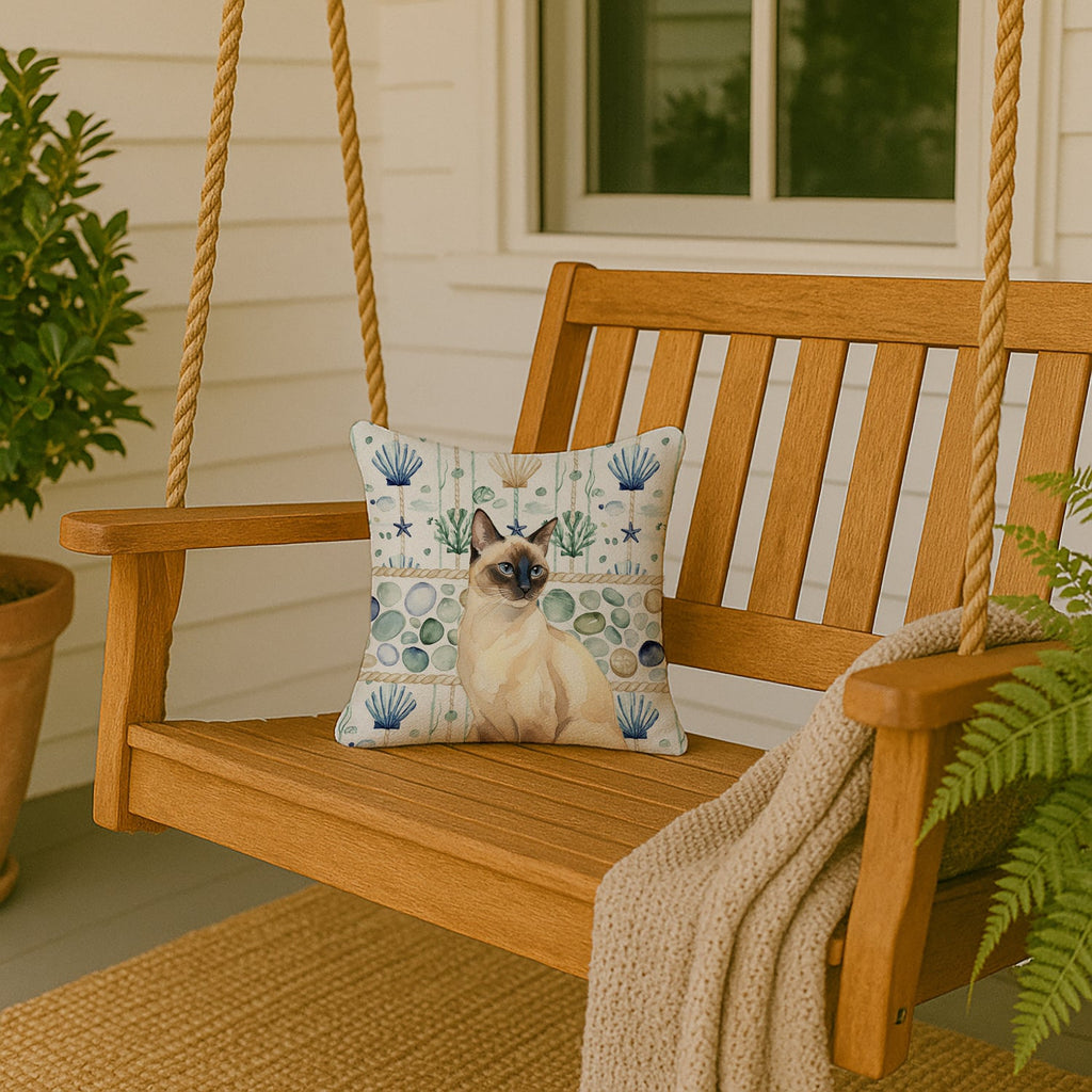 Seal Point Cat Coastal Sea Glass Decorative Throw Pillow 14x14 Indoor Outdoor Accent Cushion, Fabric Cover with Insert for Sofa, Bed, Porch & Living Room