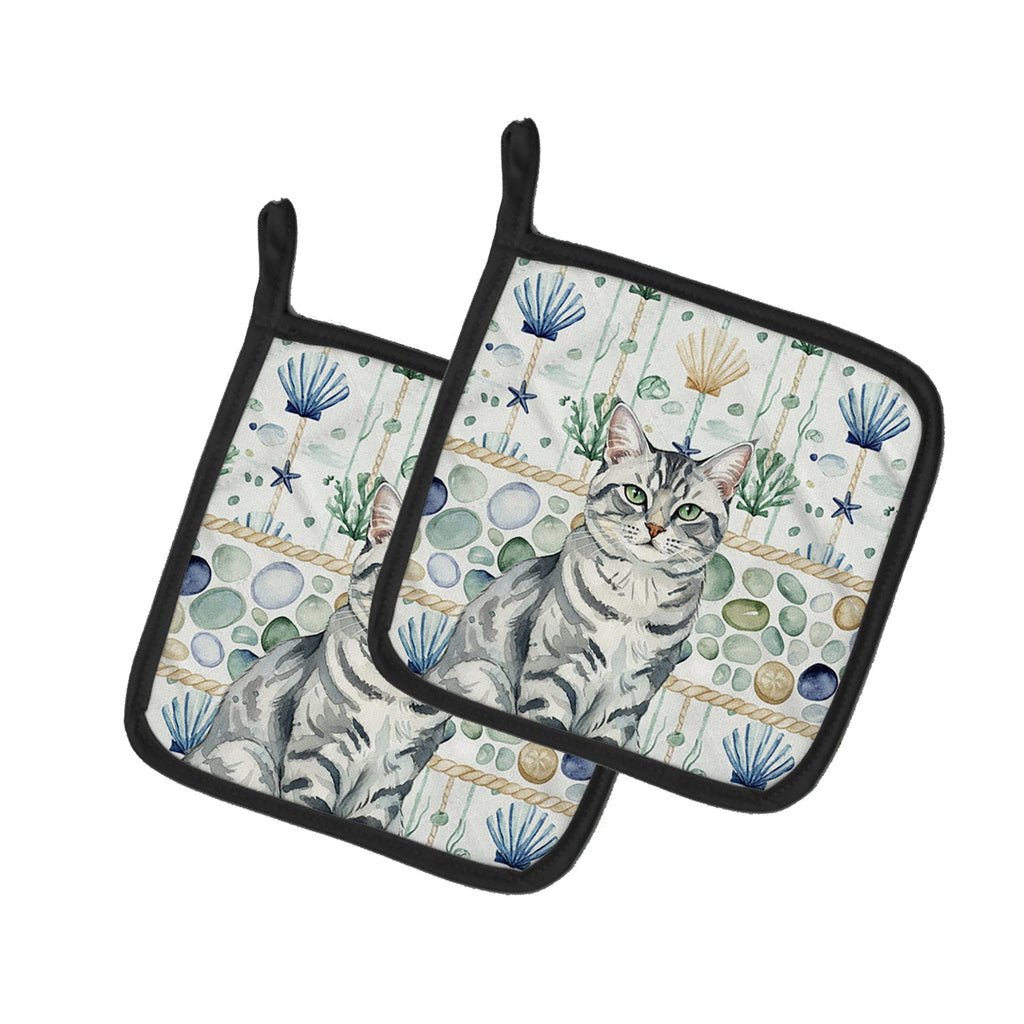 Silver Classic Tabby Cat Coastal Sea Glass Pot Holder Set of 2 Heat Resistant Quilted Hot Pads 7.5 x 7.5 Inch, Insulated Kitchen Trivets for Cooking & Baking
