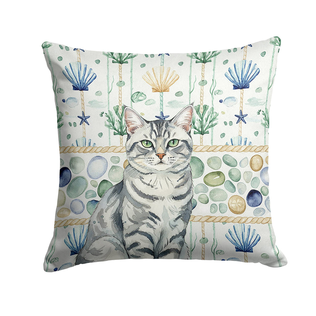 Silver Classic Tabby Cat Coastal Sea Glass Decorative Throw Pillow 14x14 Indoor Outdoor Accent Cushion, Fabric Cover with Insert for Sofa, Bed, Porch & Living Room