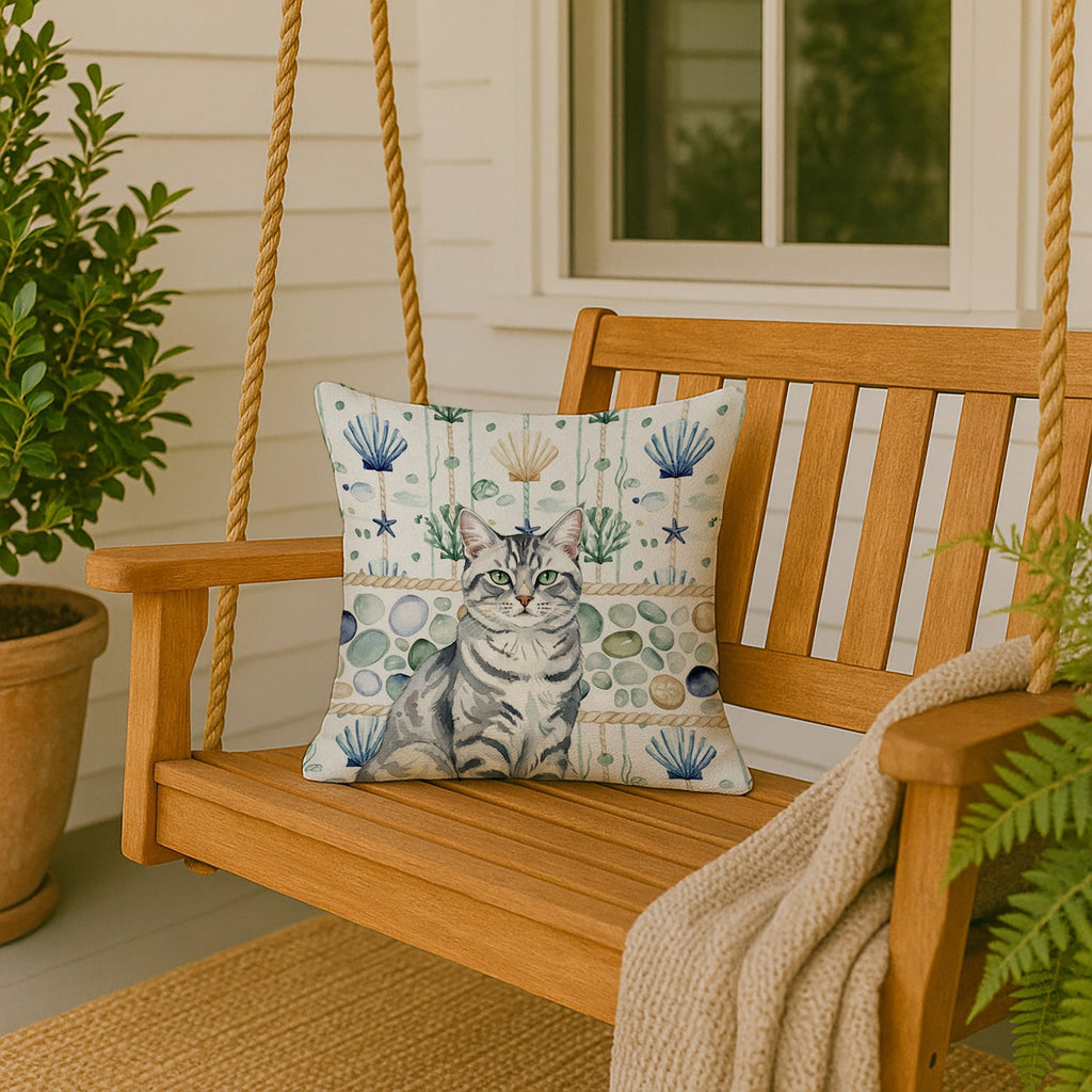 Silver Classic Tabby Cat Coastal Sea Glass Decorative Throw Pillow 18x18 Indoor Outdoor Accent Cushion, Fabric Cover with Insert for Sofa, Bed, Porch & Living Room