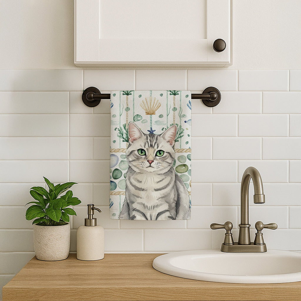 Silver Mackerel Tabby Cat Coastal Sea Glass Kitchen Towel Velour Plush Front and Cotton Loop Back Machine Washable