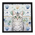 Silver Mackerel Tabby Cat Coastal Sea Glass Framed Metal Print Bathroom, Kitchen, Office, Home Decor Wall Art Ready to Hang, Square, 8X8