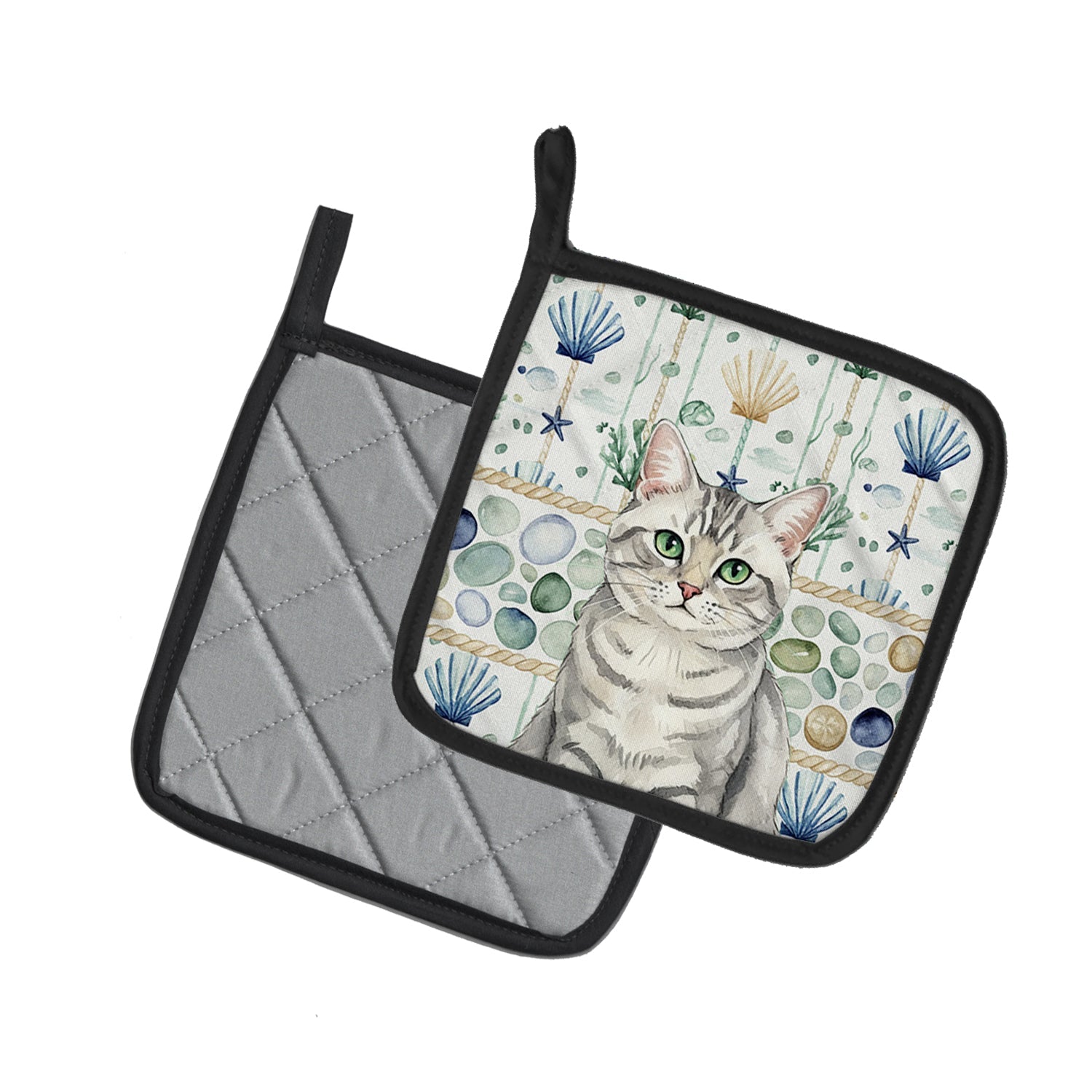 Silver Mackerel Tabby Cat Coastal Sea Glass Pot Holder Set of 2 Heat Resistant Quilted Hot Pads 7.5 x 7.5 Inch, Insulated Kitchen Trivets for Cooking & Baking