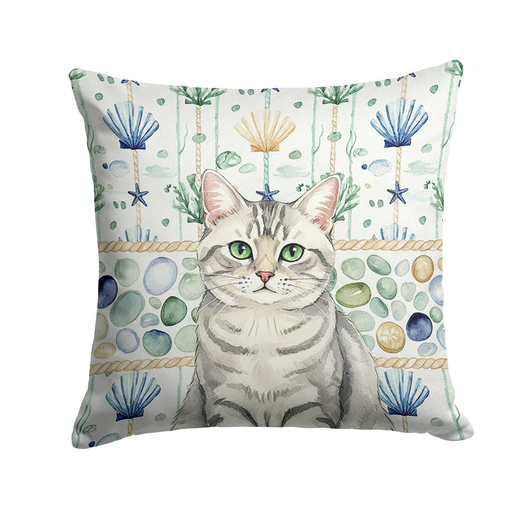 Silver Mackerel Tabby Cat Coastal Sea Glass Decorative Throw Pillow 14x14 Indoor Outdoor Accent Cushion, Fabric Cover with Insert for Sofa, Bed, Porch & Living Room