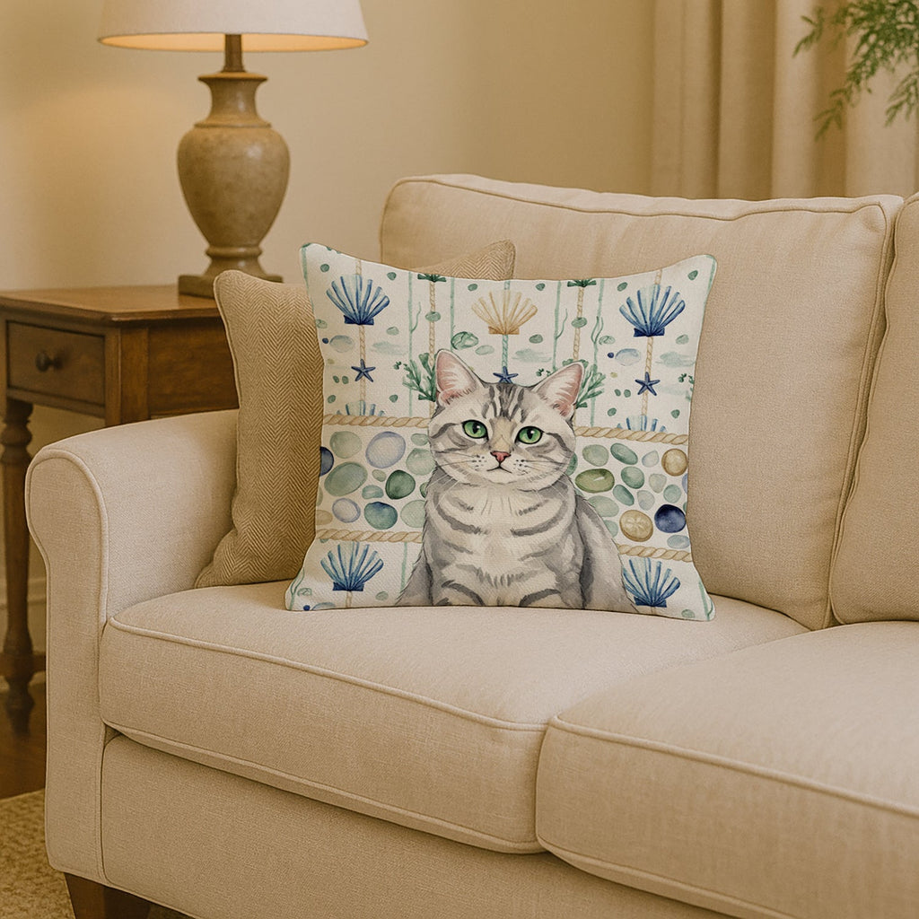 Silver Mackerel Tabby Cat Coastal Sea Glass Decorative Throw Pillow 14x14 Indoor Outdoor Accent Cushion, Fabric Cover with Insert for Sofa, Bed, Porch & Living Room