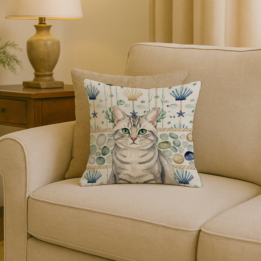 Silver Mackerel Tabby Cat Coastal Sea Glass Decorative Throw Pillow 18x18 Indoor Outdoor Accent Cushion, Fabric Cover with Insert for Sofa, Bed, Porch & Living Room