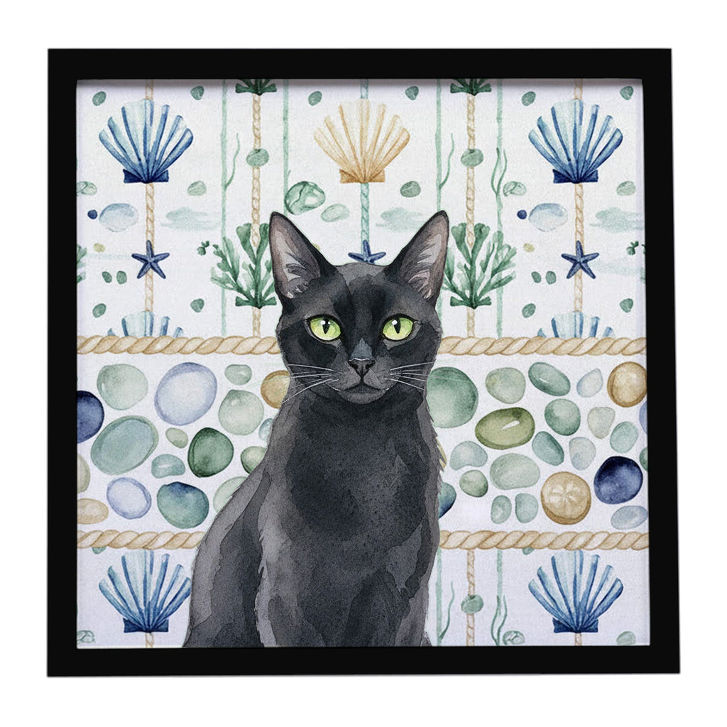 Solid Black Cat Coastal Sea Glass Framed Metal Print Bathroom, Kitchen, Office, Home Decor Wall Art Ready to Hang, Square, 8X8