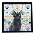 Solid Black Cat Coastal Sea Glass Framed Metal Print Bathroom, Kitchen, Office, Home Decor Wall Art Ready to Hang, Square, 8X8