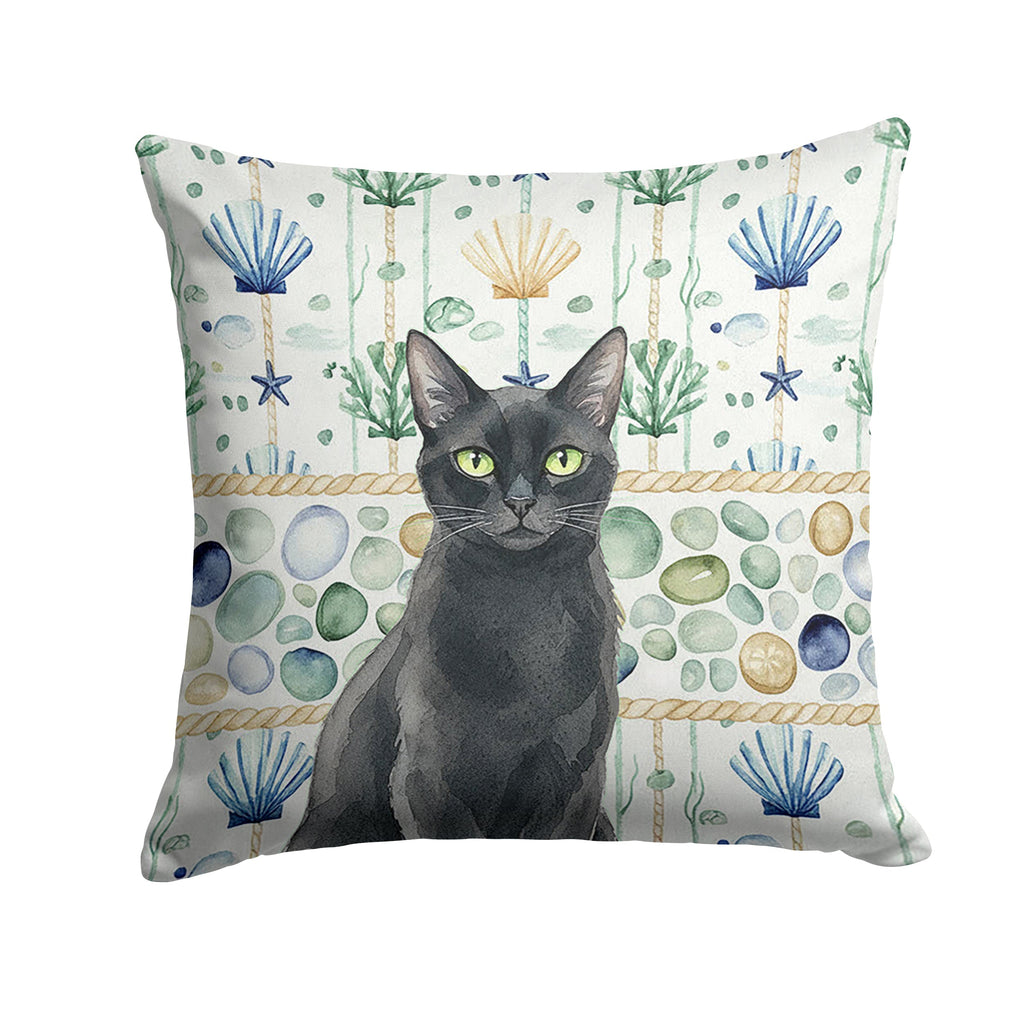 Solid Black Cat Coastal Sea Glass Decorative Throw Pillow 14x14 Indoor Outdoor Accent Cushion, Fabric Cover with Insert for Sofa, Bed, Porch & Living Room