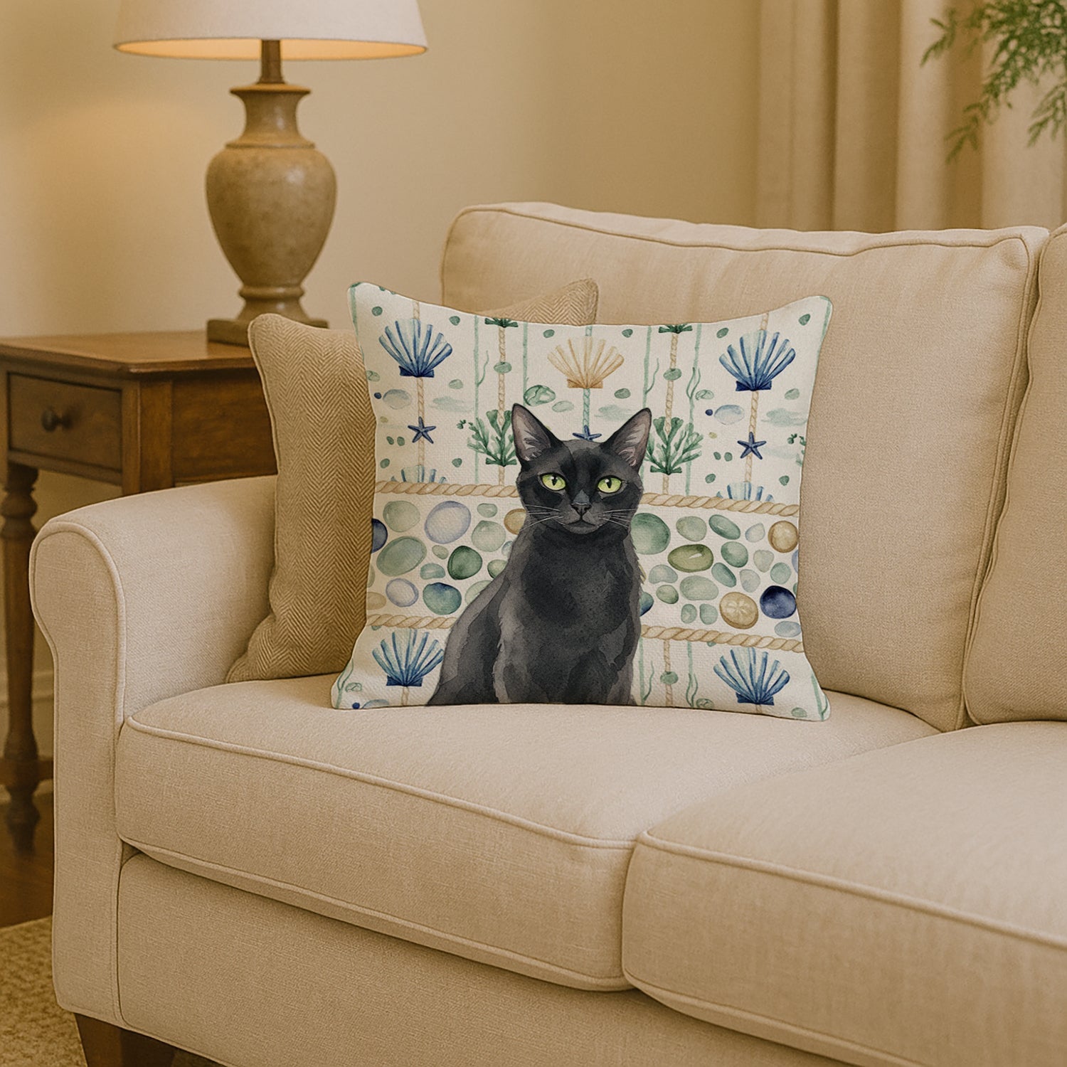 Solid Black Cat Coastal Sea Glass Decorative Throw Pillow 14x14 Indoor Outdoor Accent Cushion, Fabric Cover with Insert for Sofa, Bed, Porch & Living Room