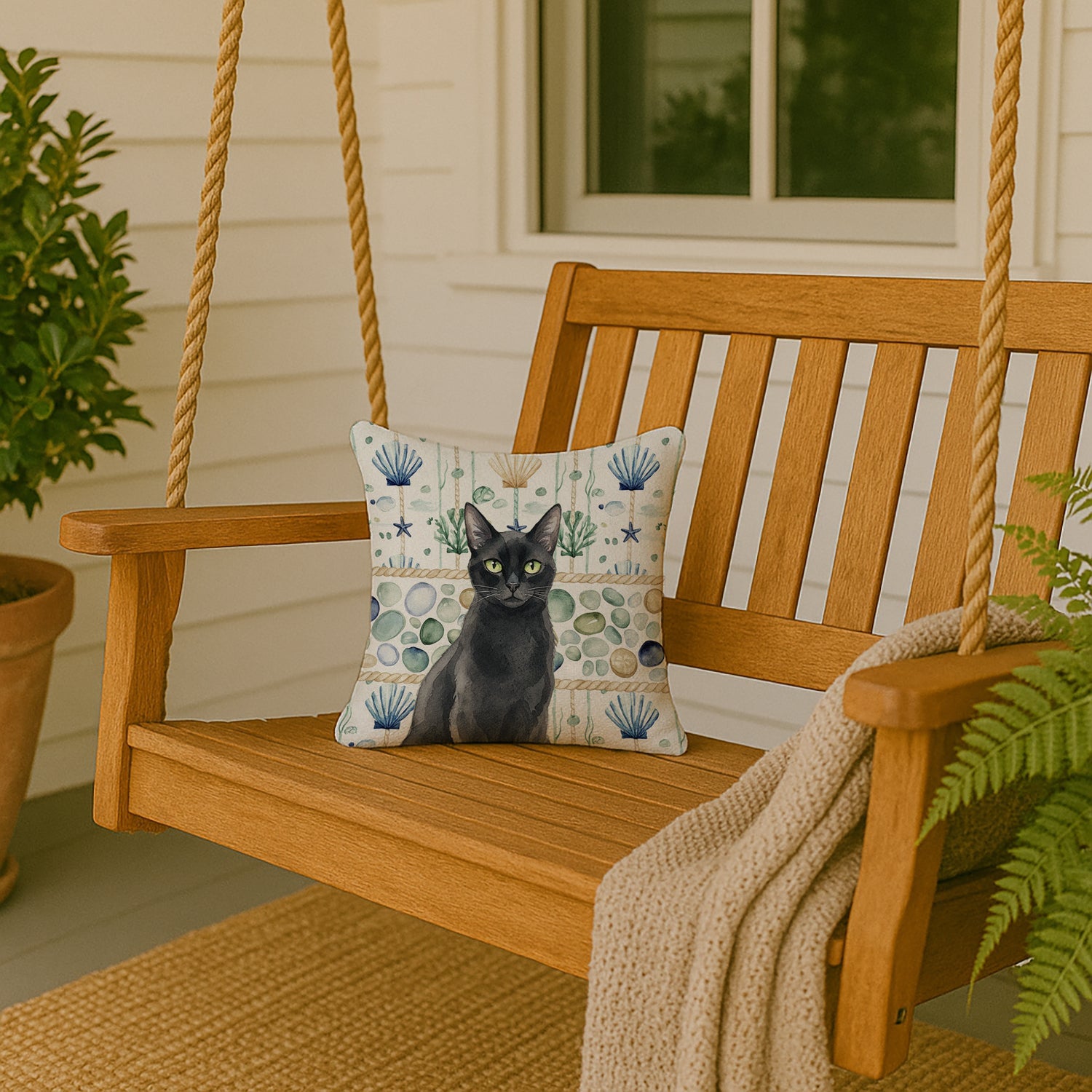 Solid Black Cat Coastal Sea Glass Decorative Throw Pillow 14x14 Indoor Outdoor Accent Cushion, Fabric Cover with Insert for Sofa, Bed, Porch & Living Room