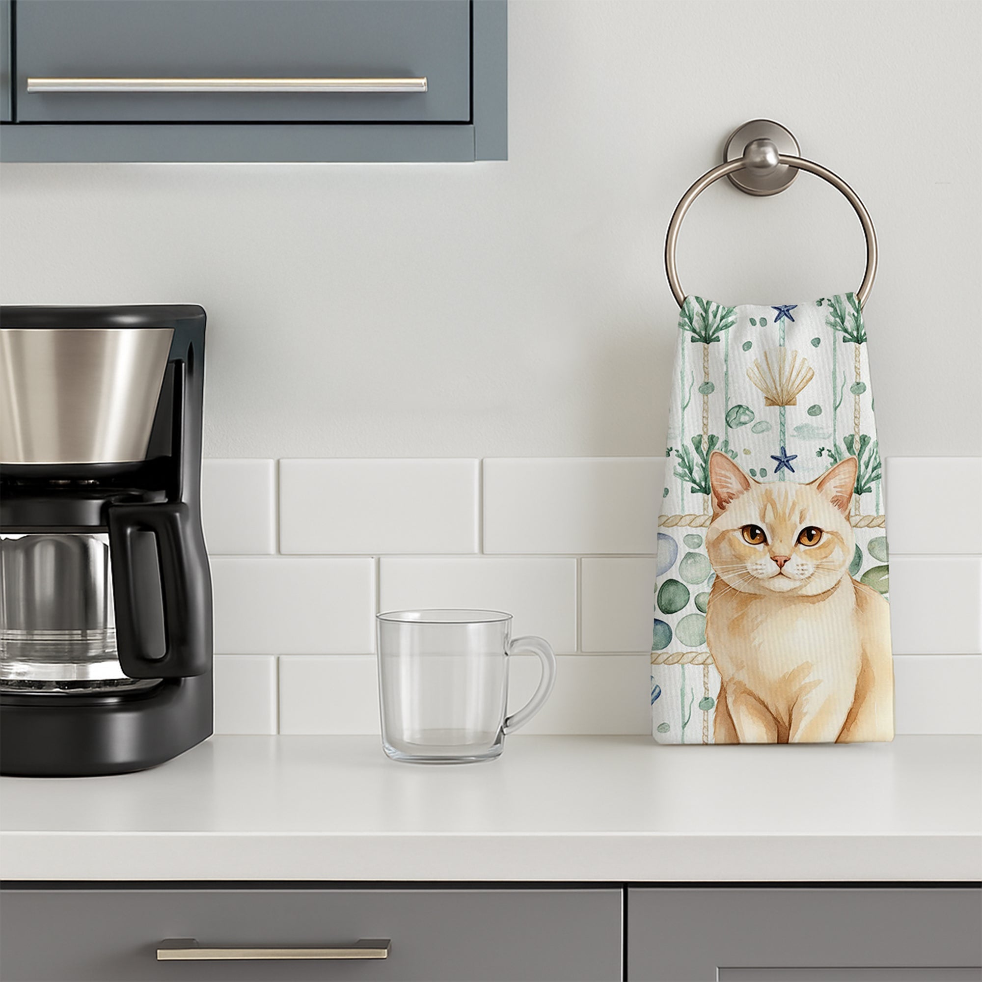 Solid Cream Cat Coastal Sea Glass Kitchen Towel Velour Plush Front and Cotton Loop Back Machine Washable