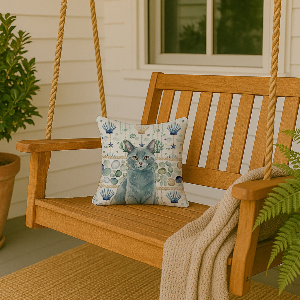 Solid Gray Cat Coastal Sea Glass Decorative Throw Pillow 14x14 Indoor Outdoor Accent Cushion, Fabric Cover with Insert for Sofa, Bed, Porch & Living Room