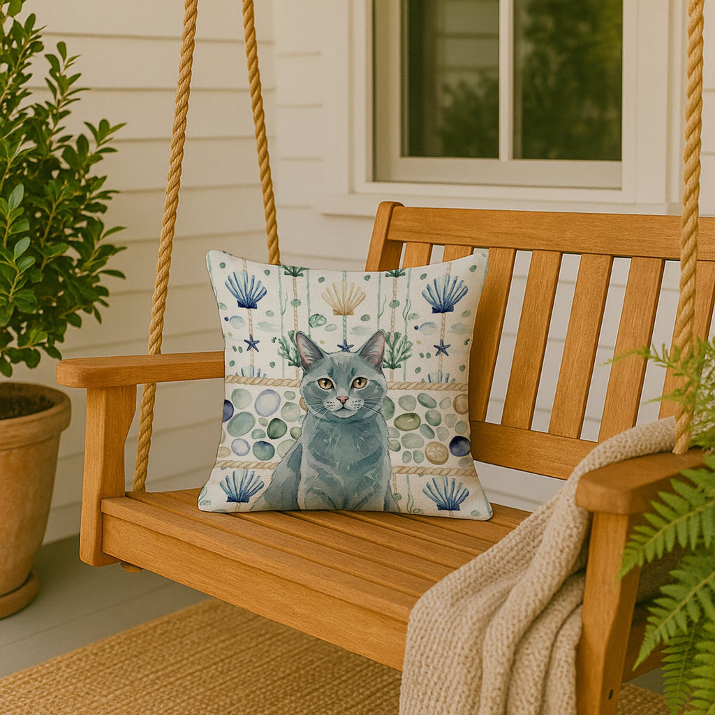 Solid Gray Cat Coastal Sea Glass Decorative Throw Pillow 18x18 Indoor Outdoor Accent Cushion, Fabric Cover with Insert for Sofa, Bed, Porch & Living Room