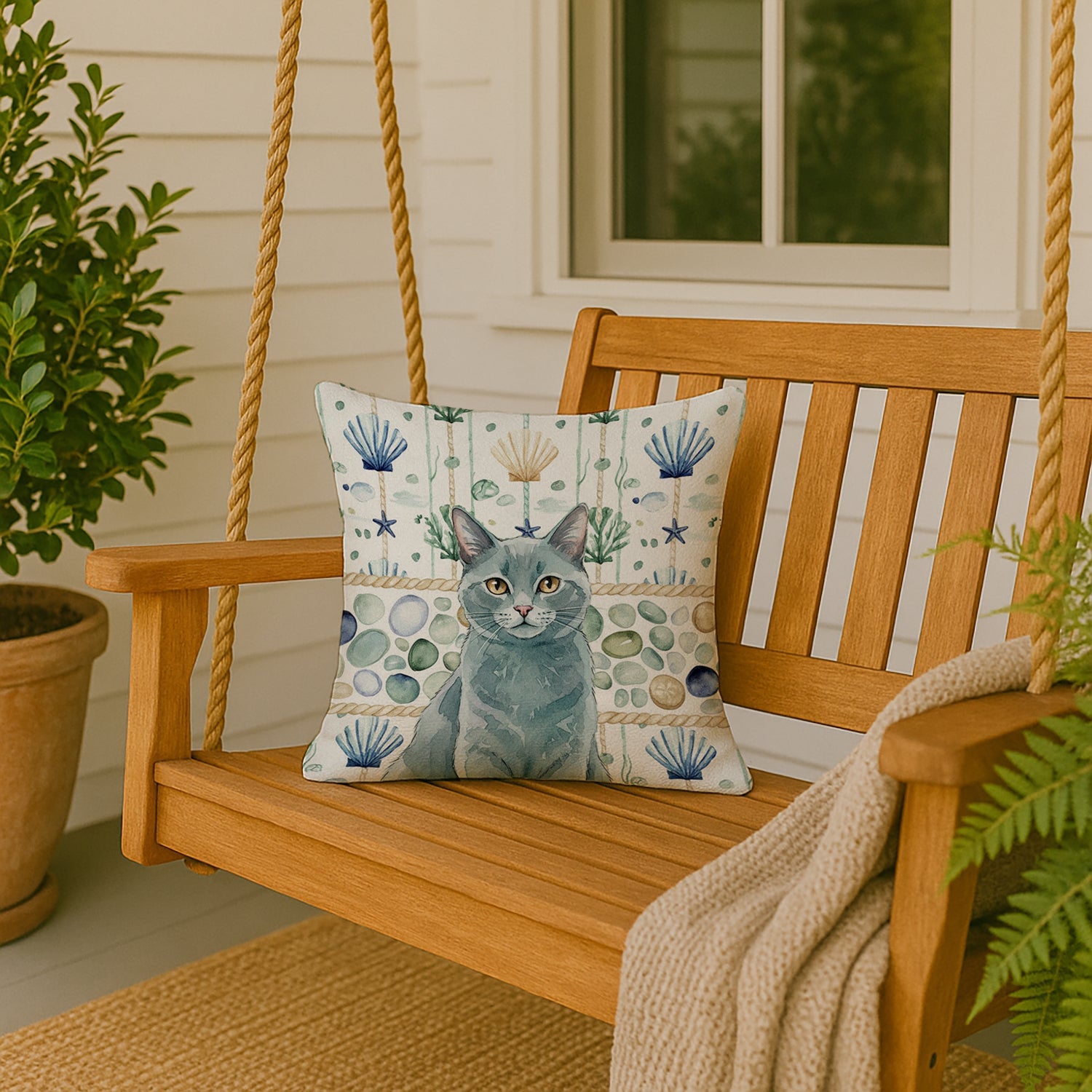Solid Gray Cat Coastal Sea Glass Decorative Throw Pillow 18x18 Indoor Outdoor Accent Cushion, Fabric Cover with Insert for Sofa, Bed, Porch & Living Room