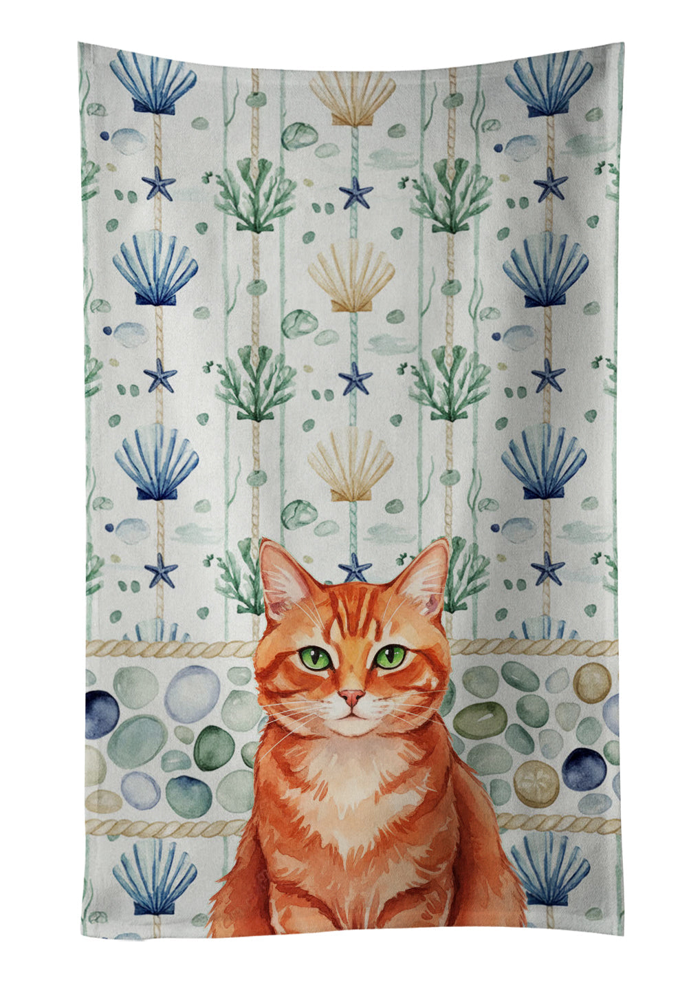 Solid Red Ginger Cat Coastal Sea Glass Kitchen Towel Velour Plush Front and Cotton Loop Back Machine Washable