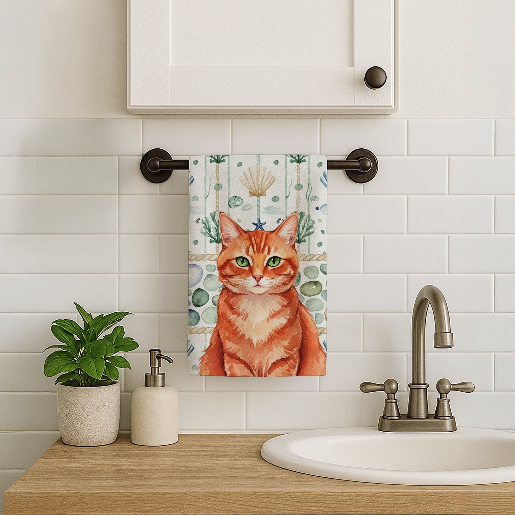 Solid Red Ginger Cat Coastal Sea Glass Kitchen Towel Velour Plush Front and Cotton Loop Back Machine Washable