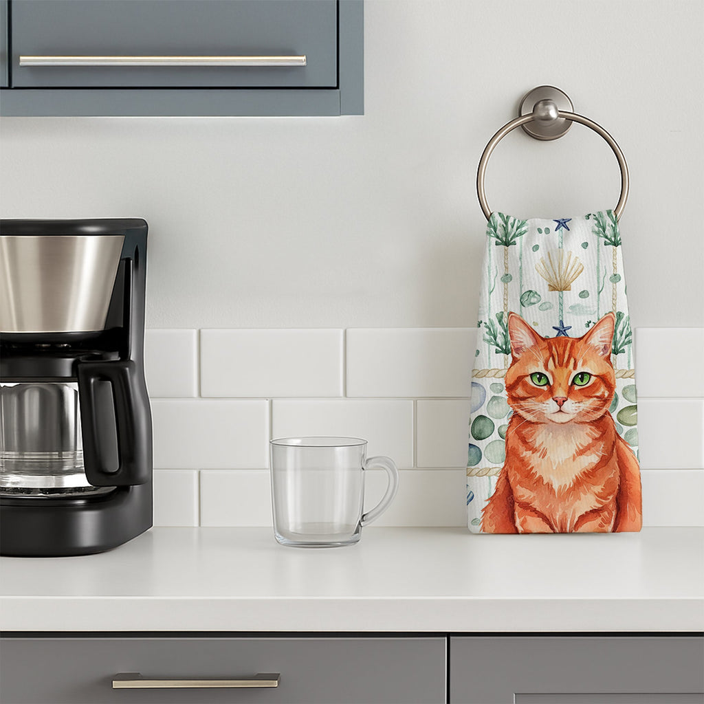 Solid Red Ginger Cat Coastal Sea Glass Kitchen Towel Velour Plush Front and Cotton Loop Back Machine Washable