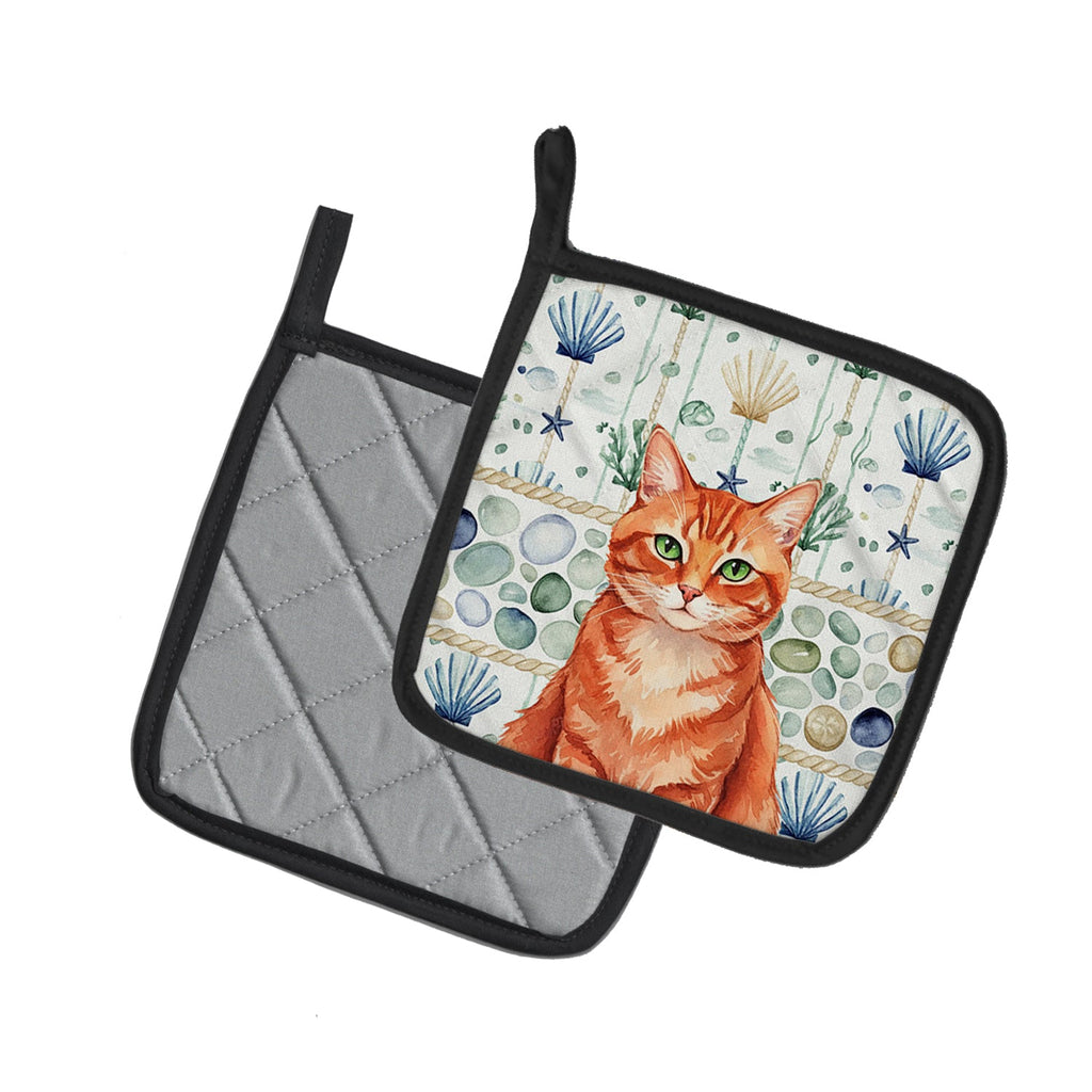 Solid Red Ginger Cat Coastal Sea Glass Pot Holder Set of 2 Heat Resistant Quilted Hot Pads 7.5 x 7.5 Inch, Insulated Kitchen Trivets for Cooking & Baking