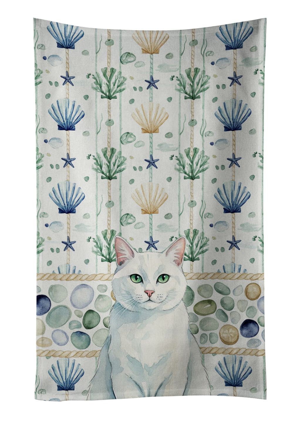 Solid White Cat Coastal Sea Glass Kitchen Towel Velour Plush Front and Cotton Loop Back Machine Washable