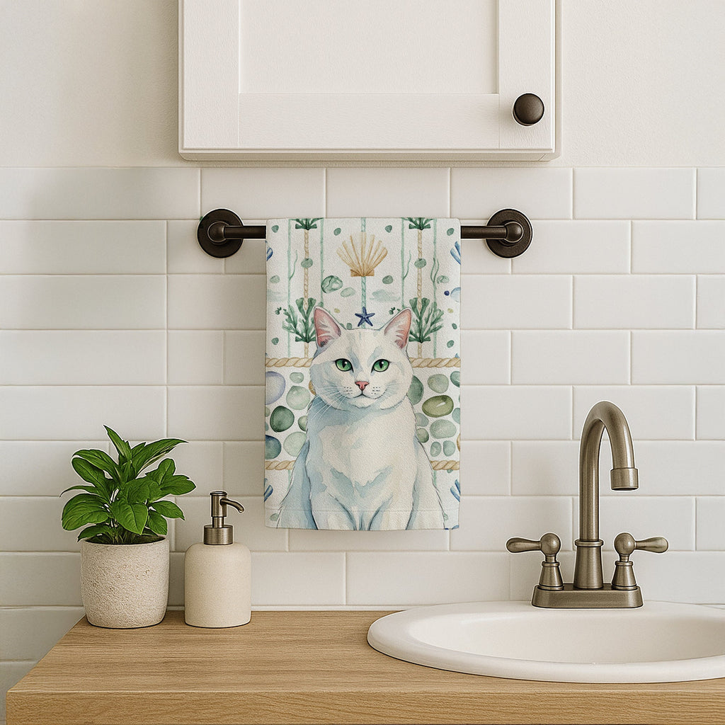 Solid White Cat Coastal Sea Glass Kitchen Towel Velour Plush Front and Cotton Loop Back Machine Washable