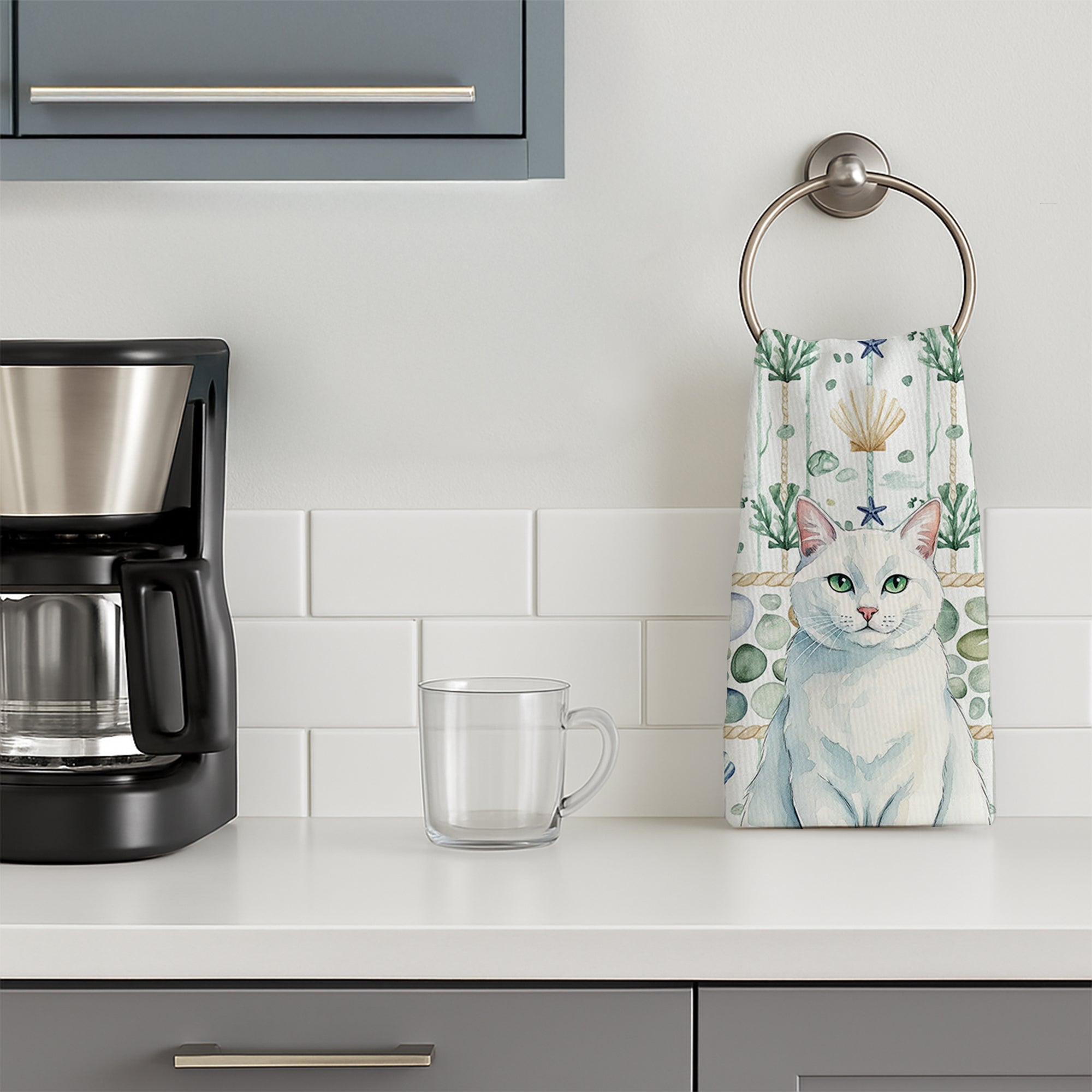 Solid White Cat Coastal Sea Glass Kitchen Towel Velour Plush Front and Cotton Loop Back Machine Washable