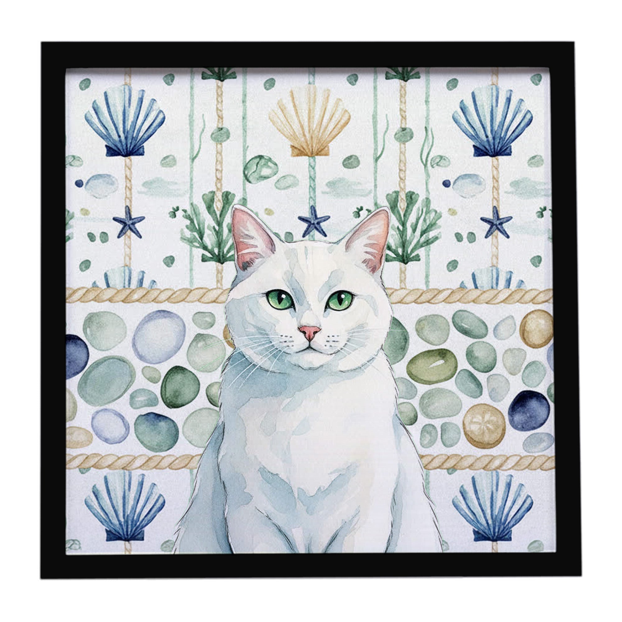 Solid White Cat Coastal Sea Glass Framed Metal Print Bathroom, Kitchen, Office, Home Decor Wall Art Ready to Hang, Square, 8X8