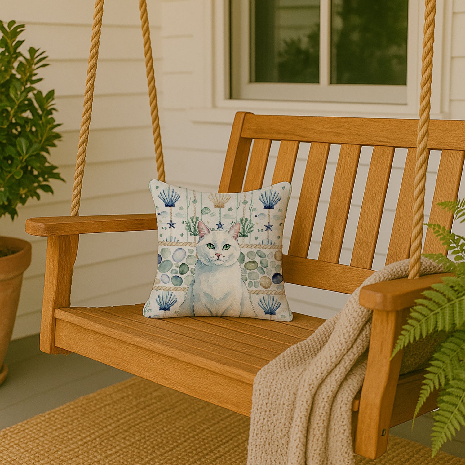 Solid White Cat Coastal Sea Glass Decorative Throw Pillow 14x14 Indoor Outdoor Accent Cushion, Fabric Cover with Insert for Sofa, Bed, Porch & Living Room