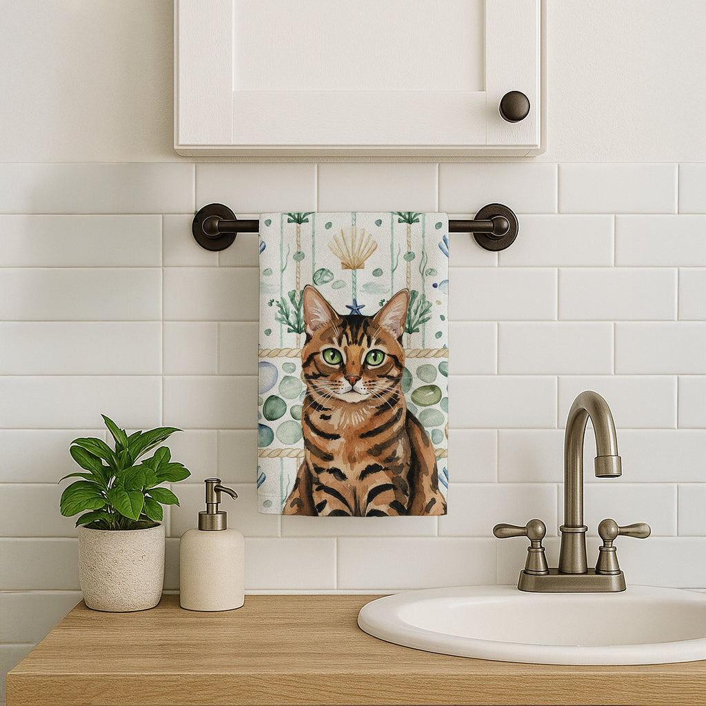 Spotted Tabby Brown Cat Coastal Sea Glass Kitchen Towel Velour Plush Front and Cotton Loop Back Machine Washable