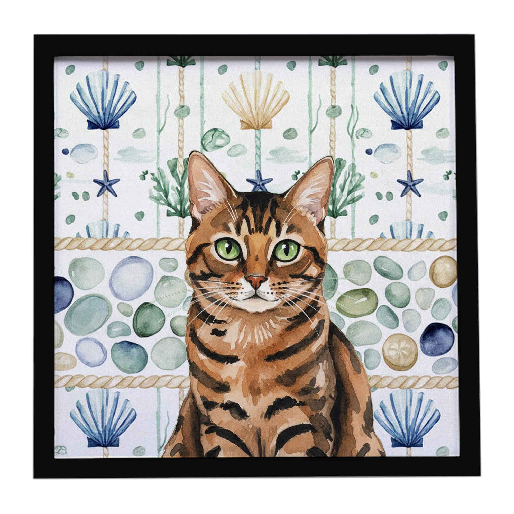 Spotted Tabby Brown Cat Coastal Sea Glass Framed Metal Print Bathroom, Kitchen, Office, Home Decor Wall Art Ready to Hang, Square, 8X8