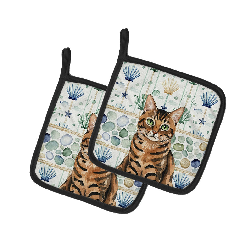 Spotted Tabby Brown Cat Coastal Sea Glass Pot Holder Set of 2 Heat Resistant Quilted Hot Pads 7.5 x 7.5 Inch, Insulated Kitchen Trivets for Cooking & Baking