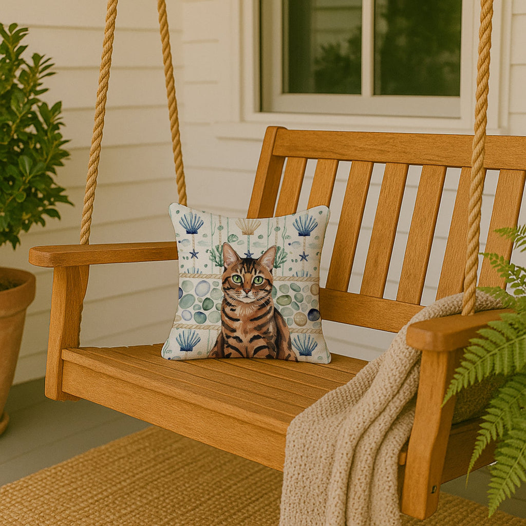 Spotted Tabby Brown Cat Coastal Sea Glass Decorative Throw Pillow 14x14 Indoor Outdoor Accent Cushion, Fabric Cover with Insert for Sofa, Bed, Porch & Living Room