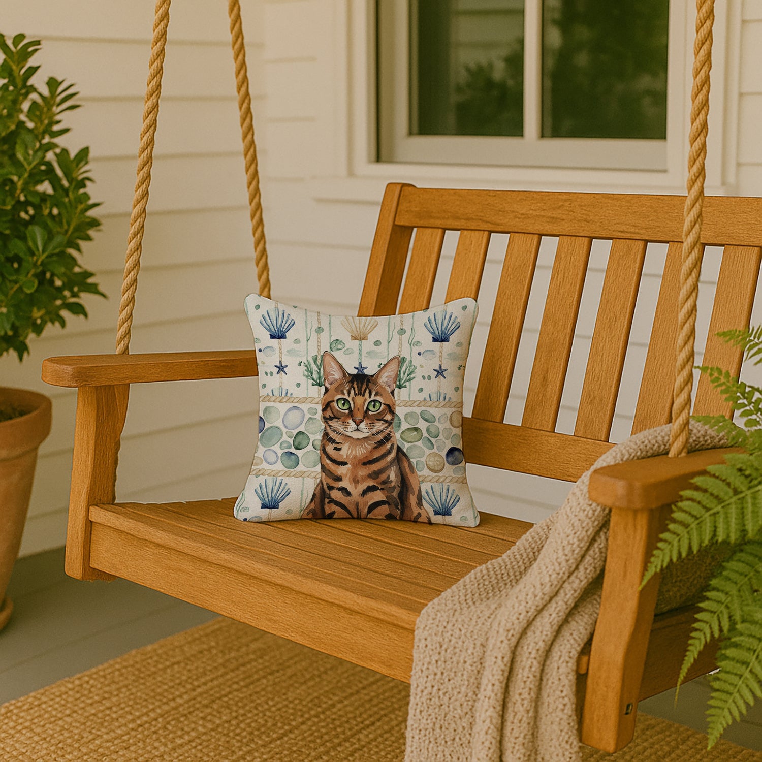 Spotted Tabby Brown Cat Coastal Sea Glass Decorative Throw Pillow 14x14 Indoor Outdoor Accent Cushion, Fabric Cover with Insert for Sofa, Bed, Porch & Living Room