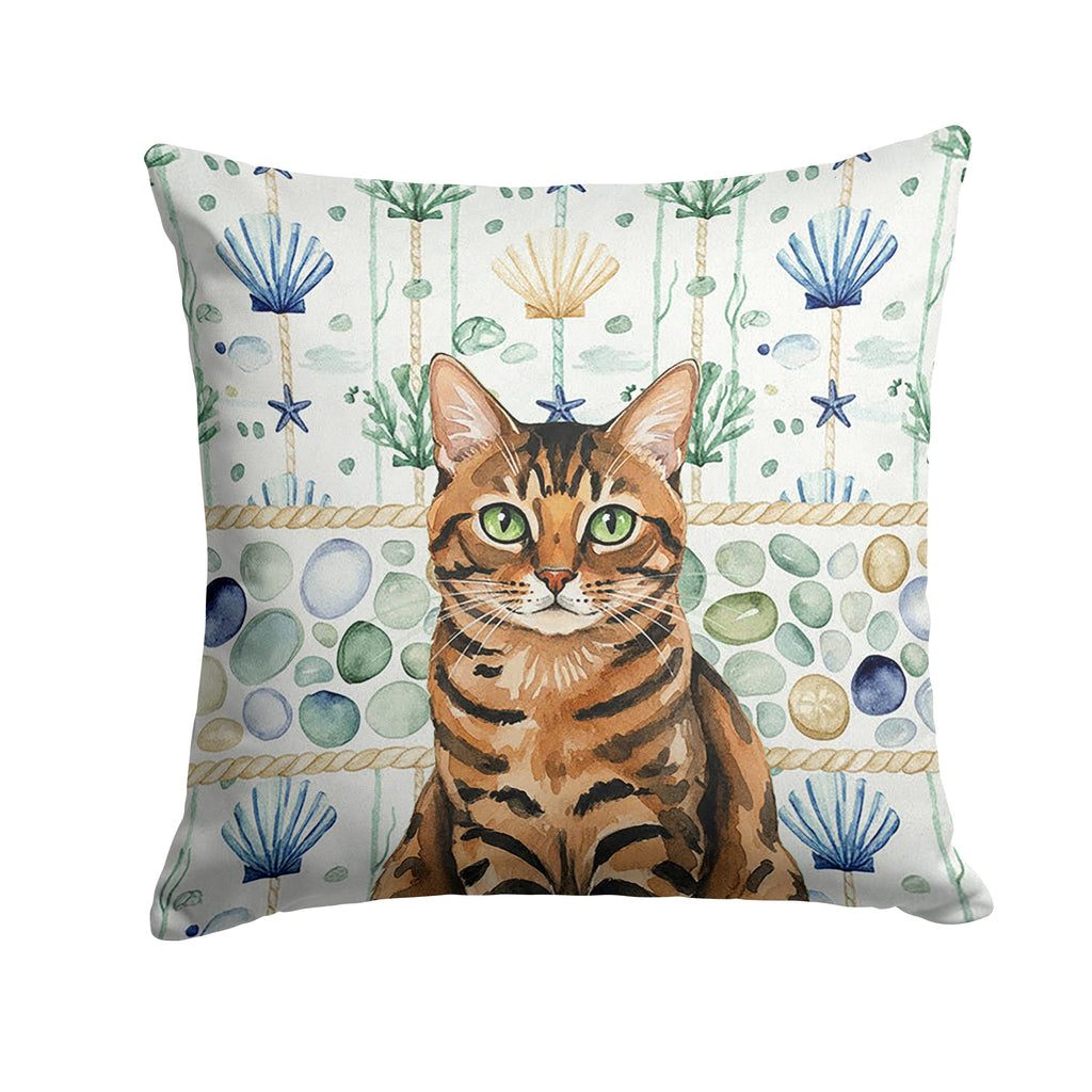 Spotted Tabby Brown Cat Coastal Sea Glass Decorative Throw Pillow 18x18 Indoor Outdoor Accent Cushion, Fabric Cover with Insert for Sofa, Bed, Porch & Living Room