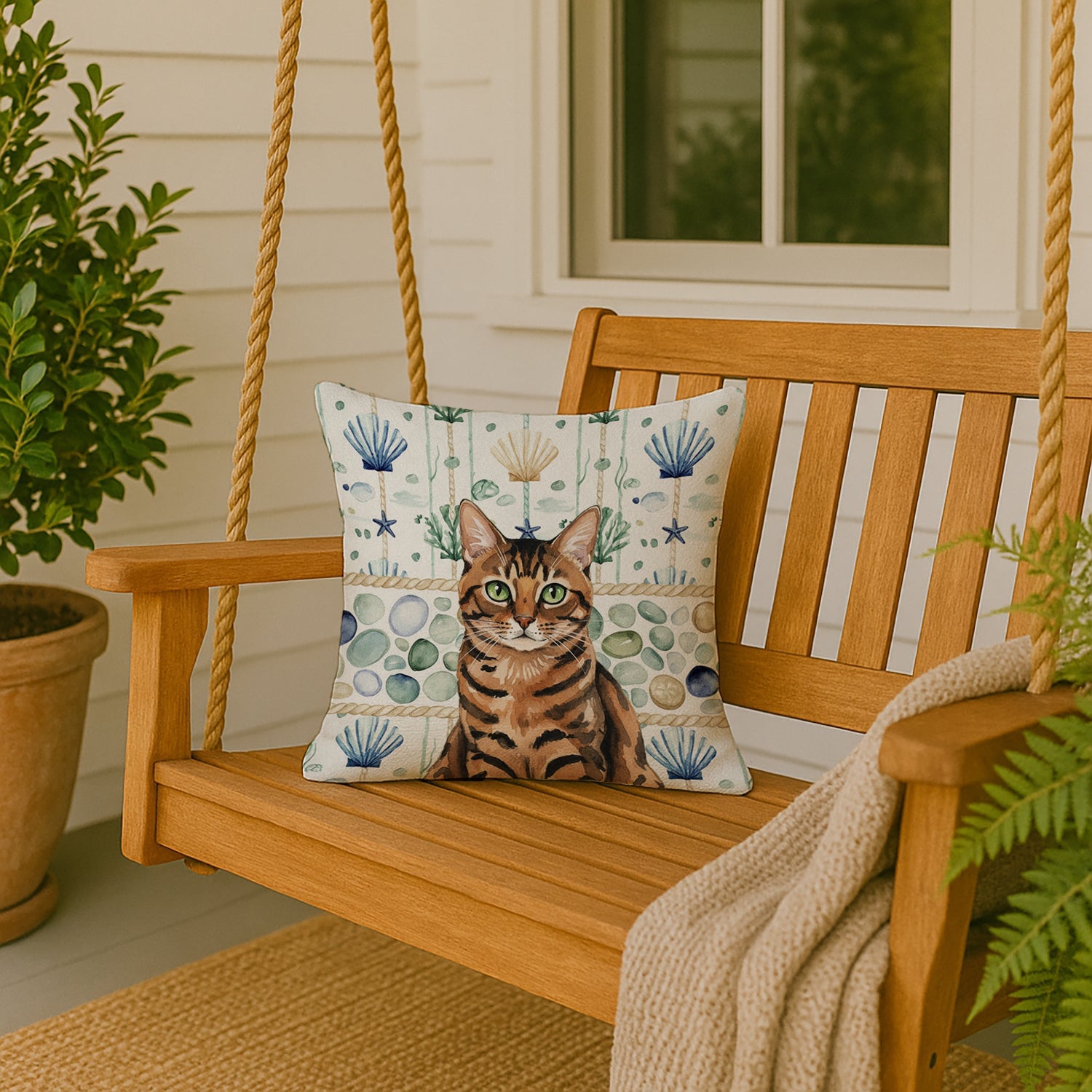 Spotted Tabby Brown Cat Coastal Sea Glass Decorative Throw Pillow 18x18 Indoor Outdoor Accent Cushion, Fabric Cover with Insert for Sofa, Bed, Porch & Living Room