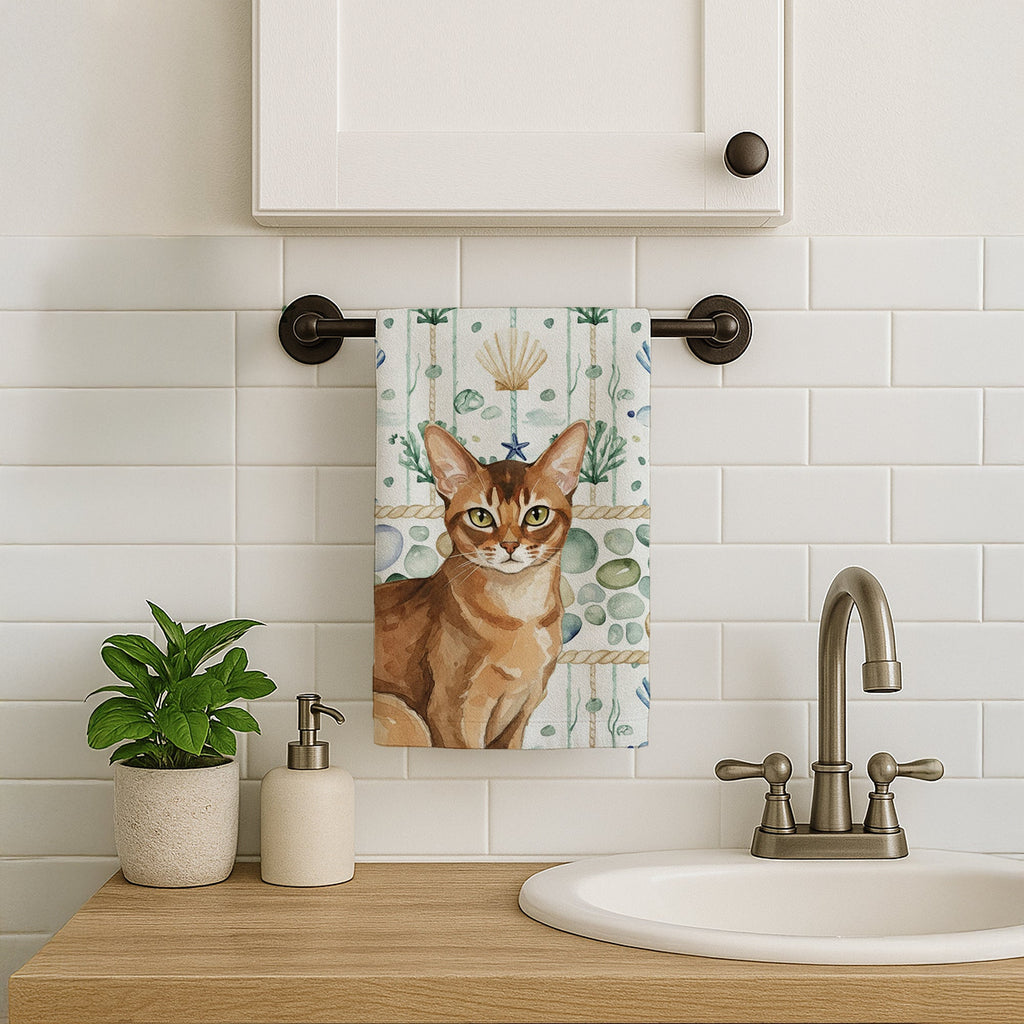 Ticked Tabby Brown Cat Coastal Sea Glass Kitchen Towel Velour Plush Front and Cotton Loop Back Machine Washable