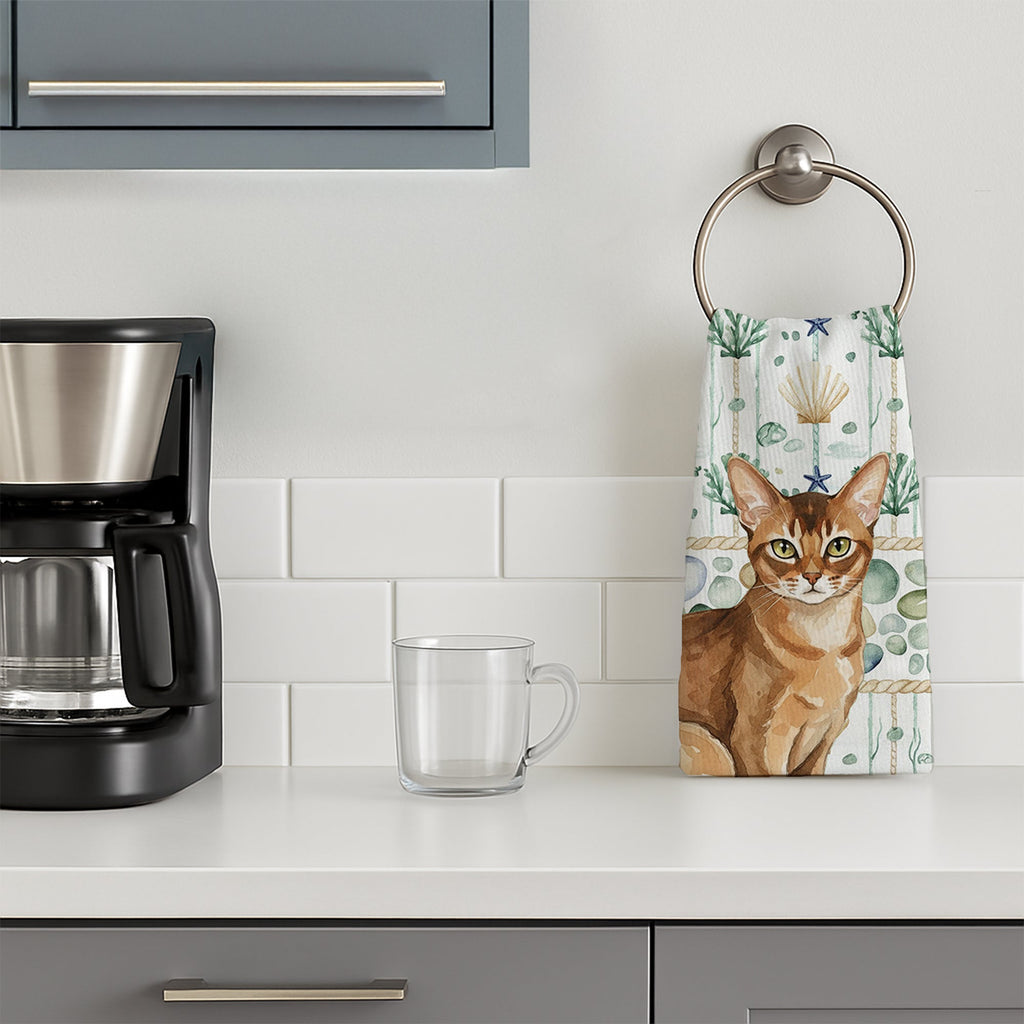 Ticked Tabby Brown Cat Coastal Sea Glass Kitchen Towel Velour Plush Front and Cotton Loop Back Machine Washable