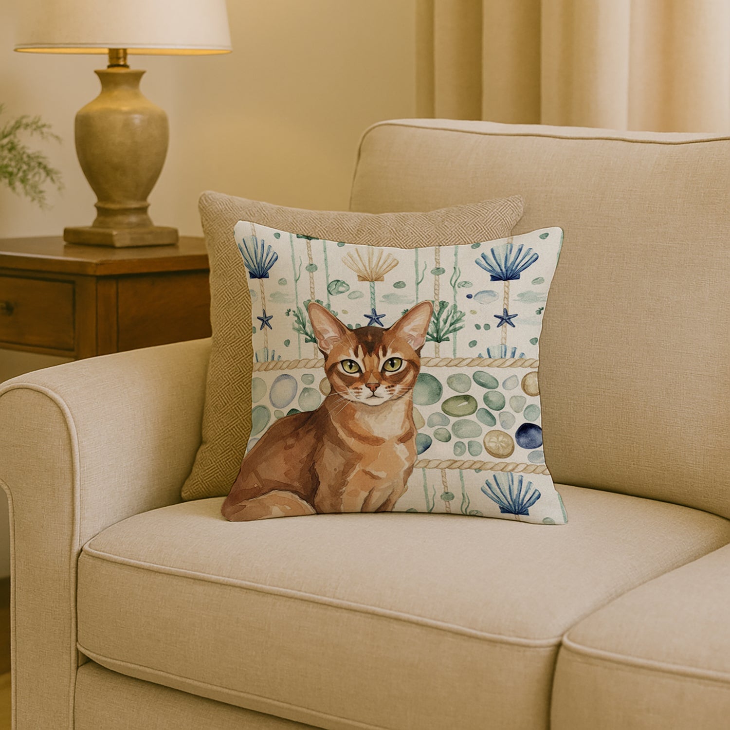 Ticked Tabby Brown Cat Coastal Sea Glass Decorative Throw Pillow 18x18 Indoor Outdoor Accent Cushion, Fabric Cover with Insert for Sofa, Bed, Porch & Living Room