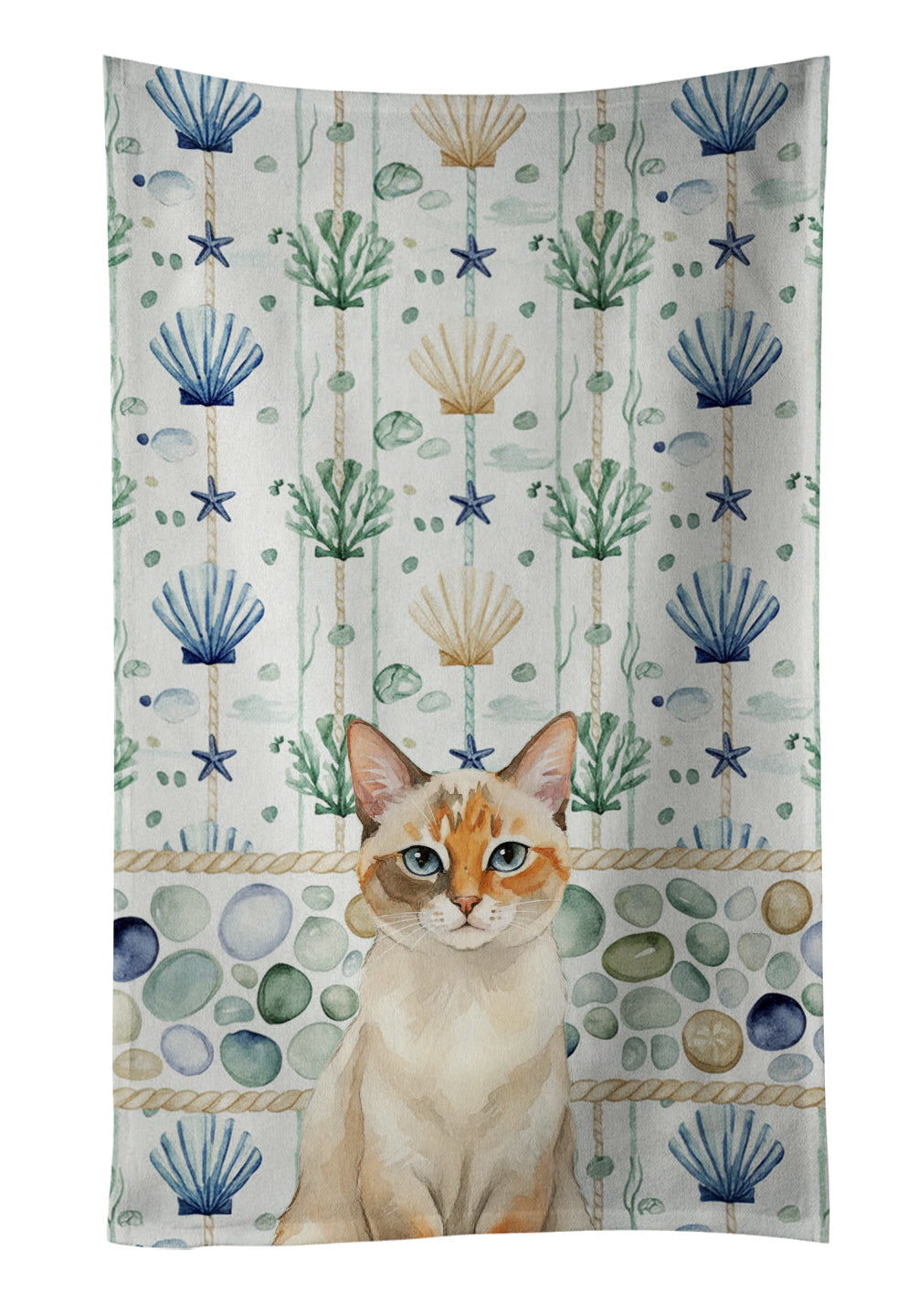 Tortie Point  Cat Coastal Sea Glass Kitchen Towel Velour Plush Front and Cotton Loop Back Machine Washable