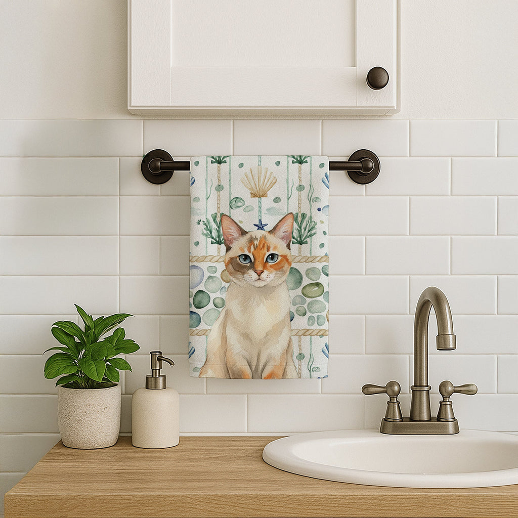Tortie Point  Cat Coastal Sea Glass Kitchen Towel Velour Plush Front and Cotton Loop Back Machine Washable