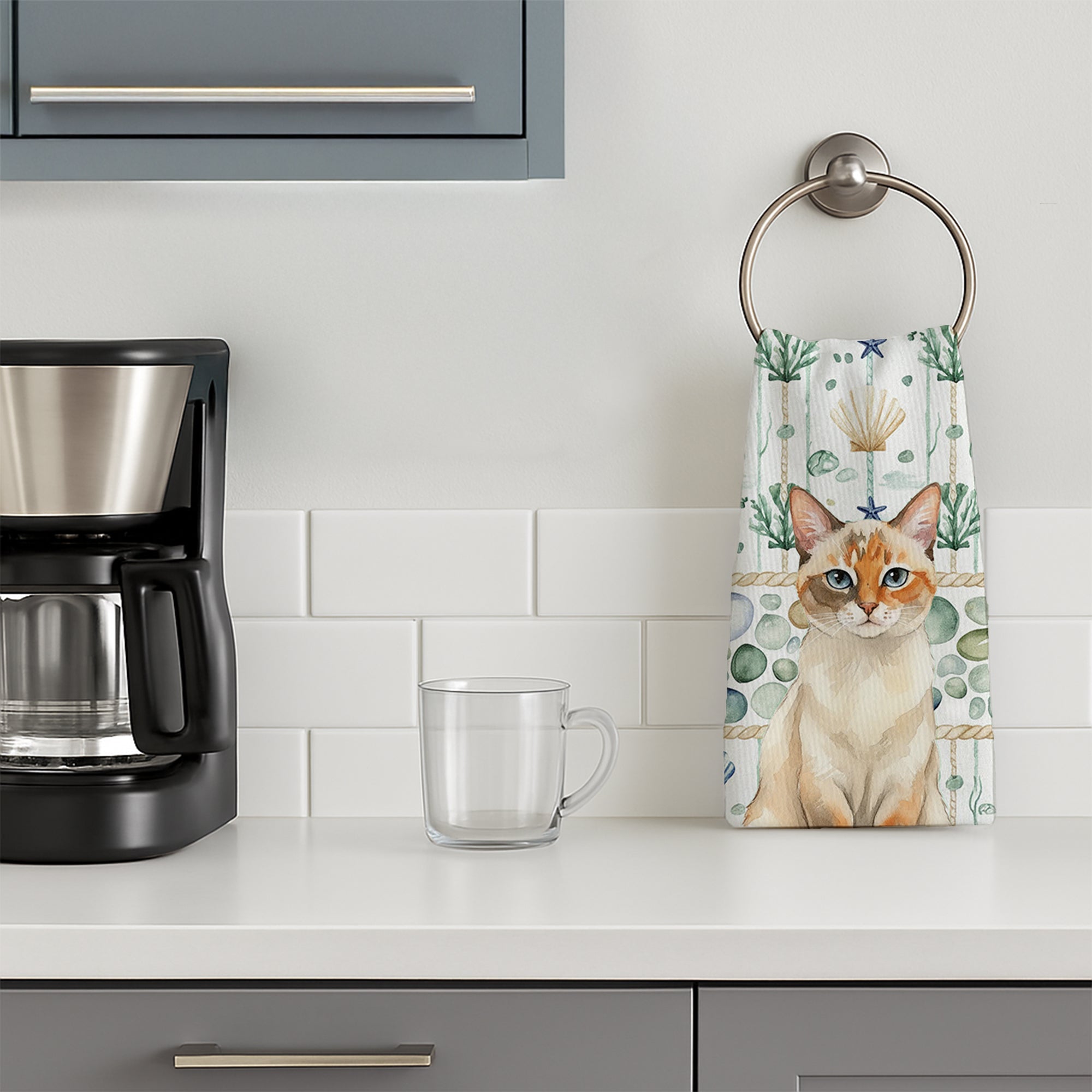 Tortie Point  Cat Coastal Sea Glass Kitchen Towel Velour Plush Front and Cotton Loop Back Machine Washable