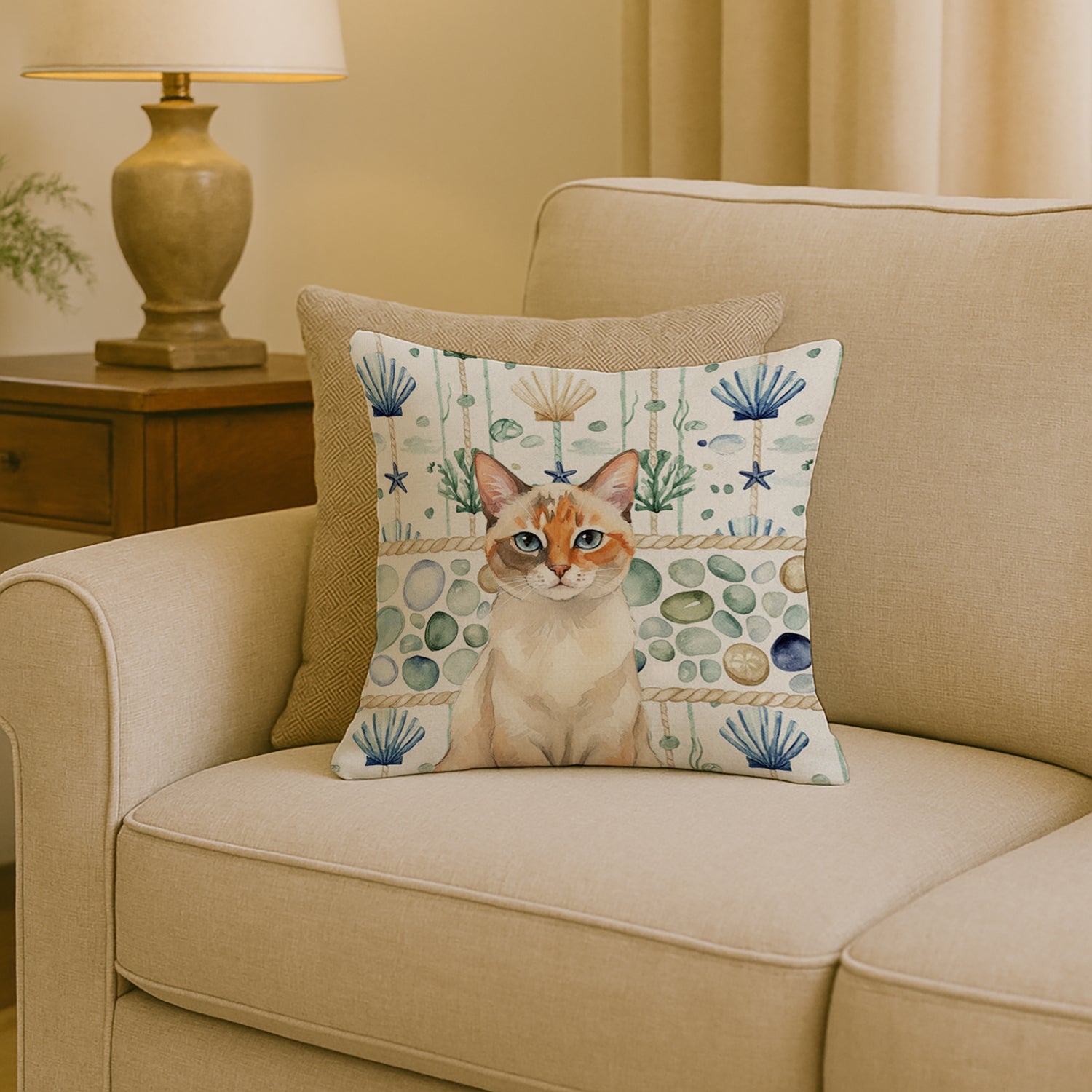 Tortie Point  Cat Coastal Sea Glass Decorative Throw Pillow 18x18 Indoor Outdoor Accent Cushion, Fabric Cover with Insert for Sofa, Bed, Porch & Living Room