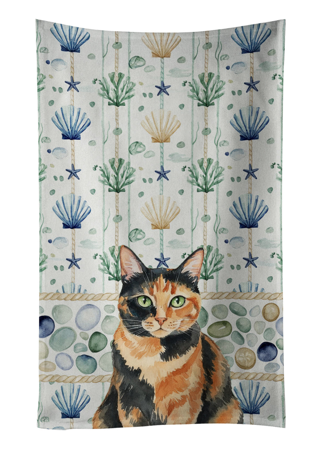 Tortoiseshell Cat Coastal Sea Glass Kitchen Towel Velour Plush Front and Cotton Loop Back Machine Washable