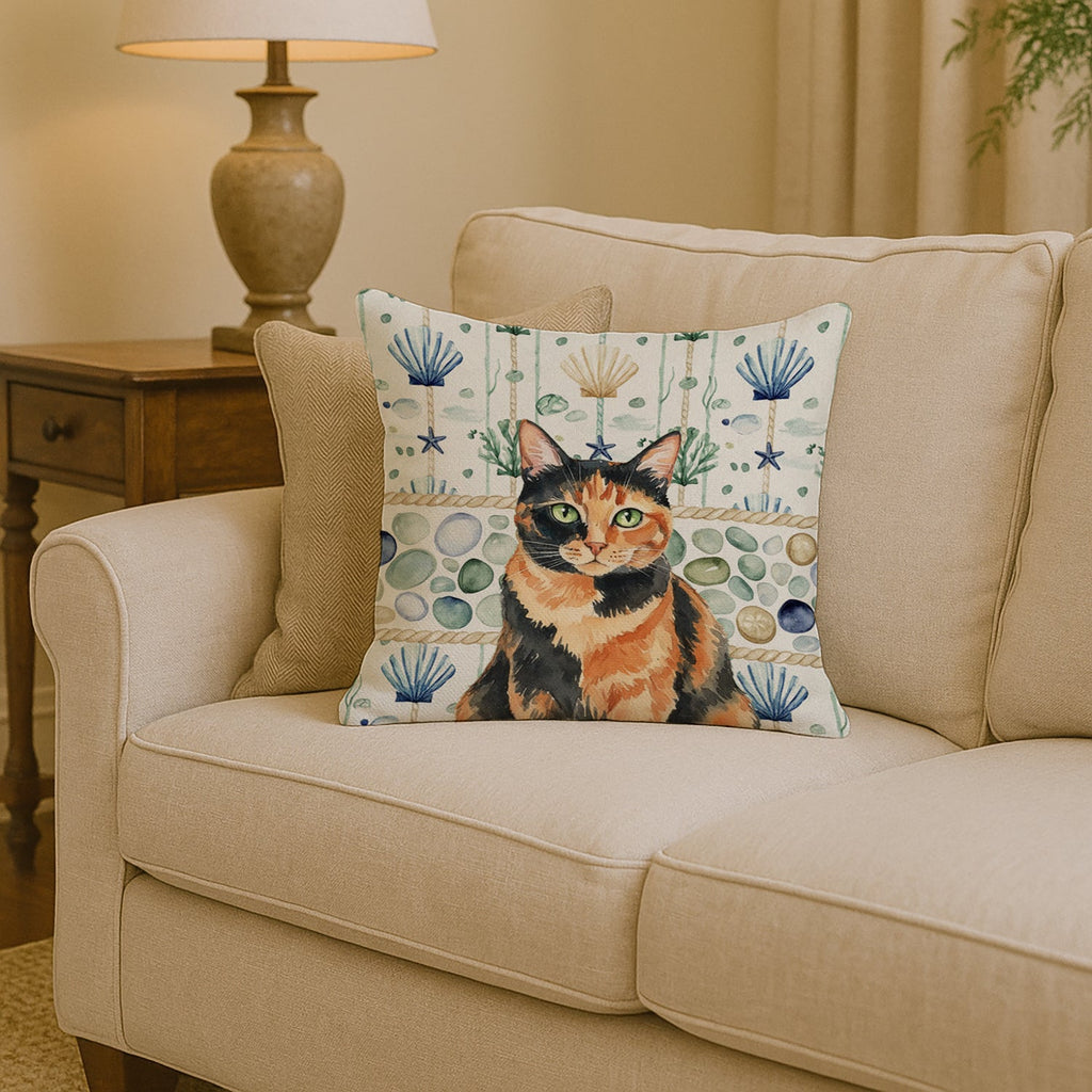 Tortoiseshell Cat Coastal Sea Glass Decorative Throw Pillow 14x14 Indoor Outdoor Accent Cushion, Fabric Cover with Insert for Sofa, Bed, Porch & Living Room
